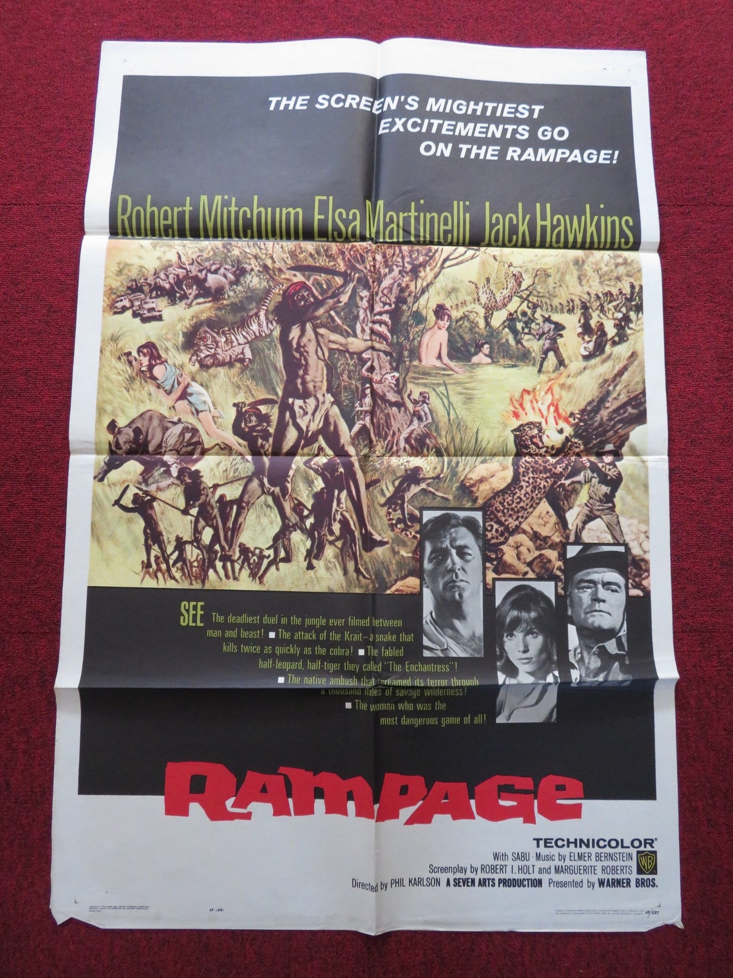 RAMPAGE FOLDED US ONE SHEET POSTER ROBERT MITCHUM ELSA MARTINELLI 1963 Rendezvous Cinema Movie posters