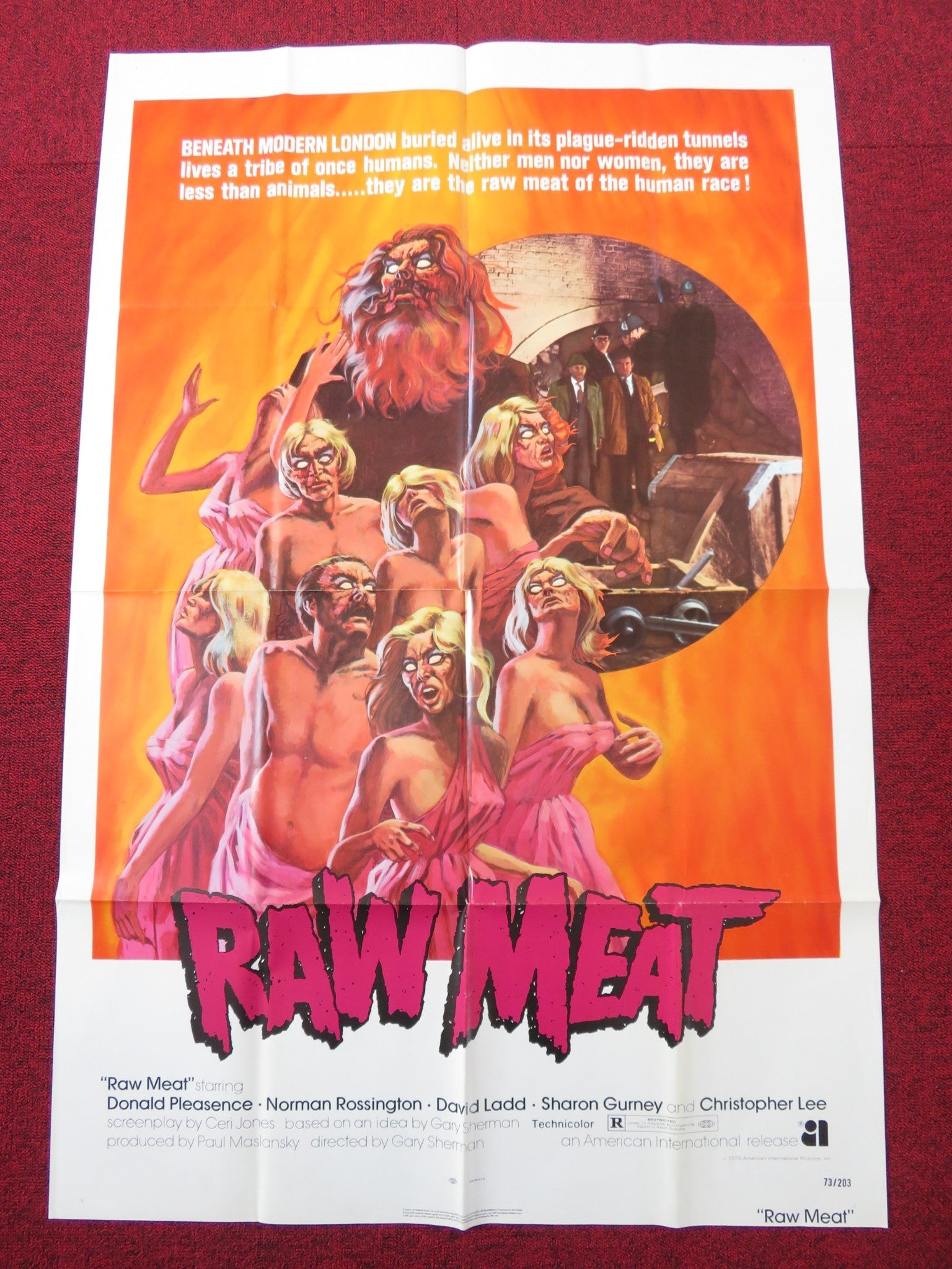 RAW MEAT / DEATH LINE FOLDED US ONE SHEET POSTER DONALD PLEASENCE 1973 Rendezvous Cinema Movie posters