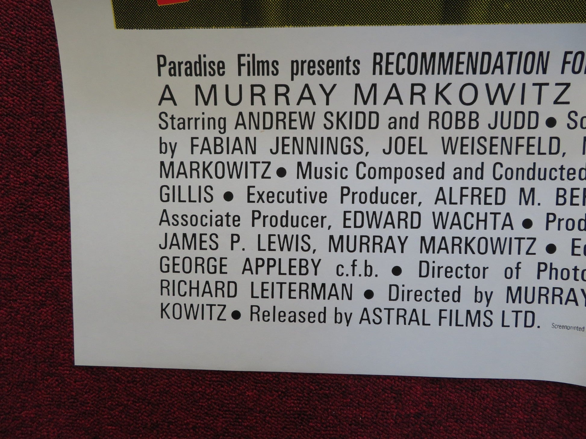 RECOMMENDATION FOR MERCY FOLDED US ONE SHEET POSTER ANDREW SKIDD ROBB JUDD 1975 Rendezvous Cinema Movie posters