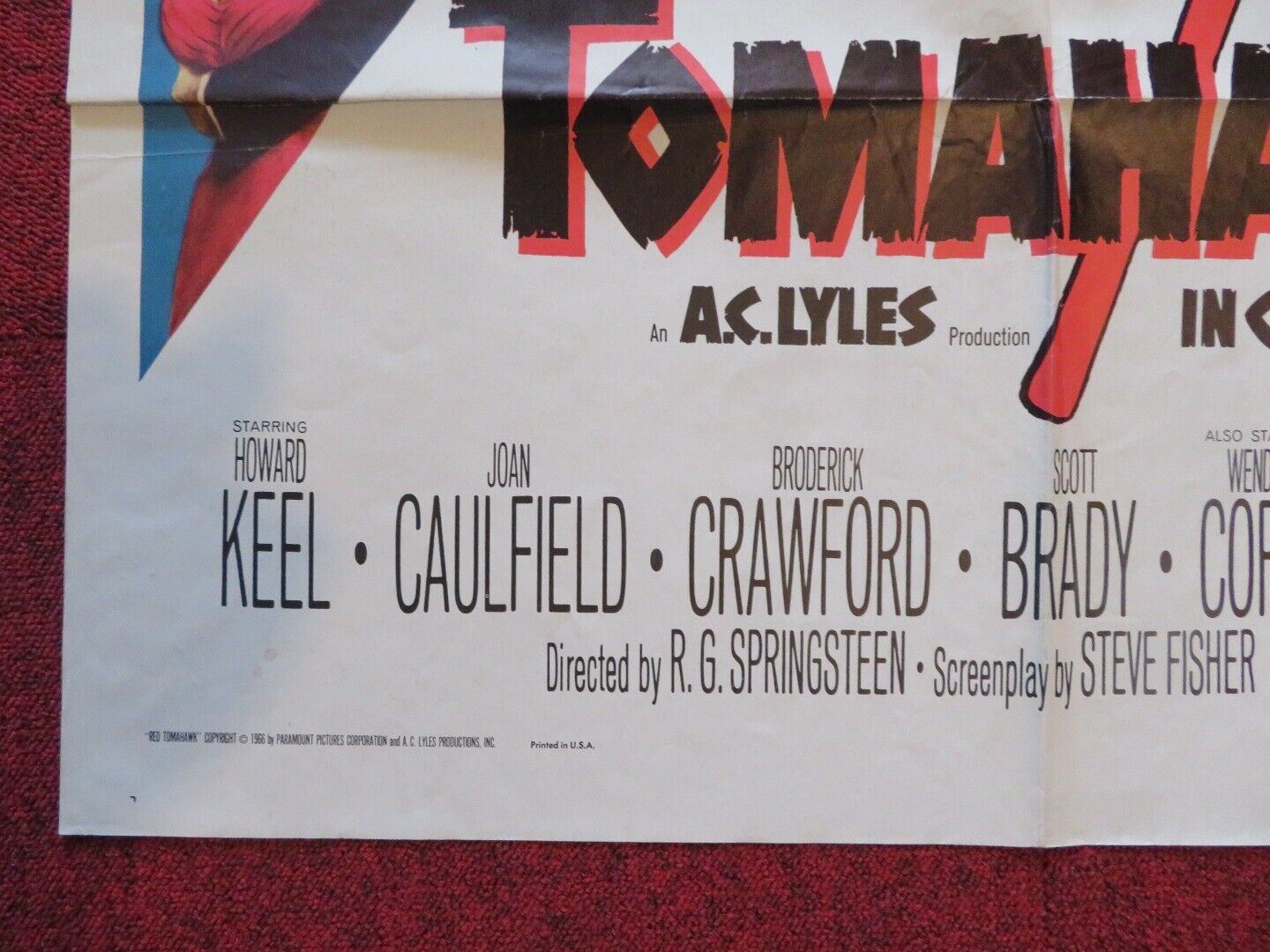 RED TOMAHAWK FOLDED US ONE SHEET POSTER HOWARD KEEL JAON CAULFIELD 1966 Movie posters