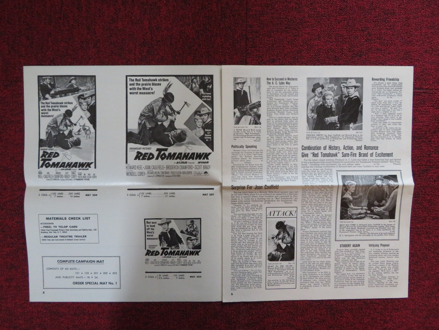 RED TOMAHAWK UNCUT PARAMOUNT FOLDED PRESS BOOK HOWARD KEEL JOAN CAULFIELD 1966 Rendezvous Cinema Movie posters