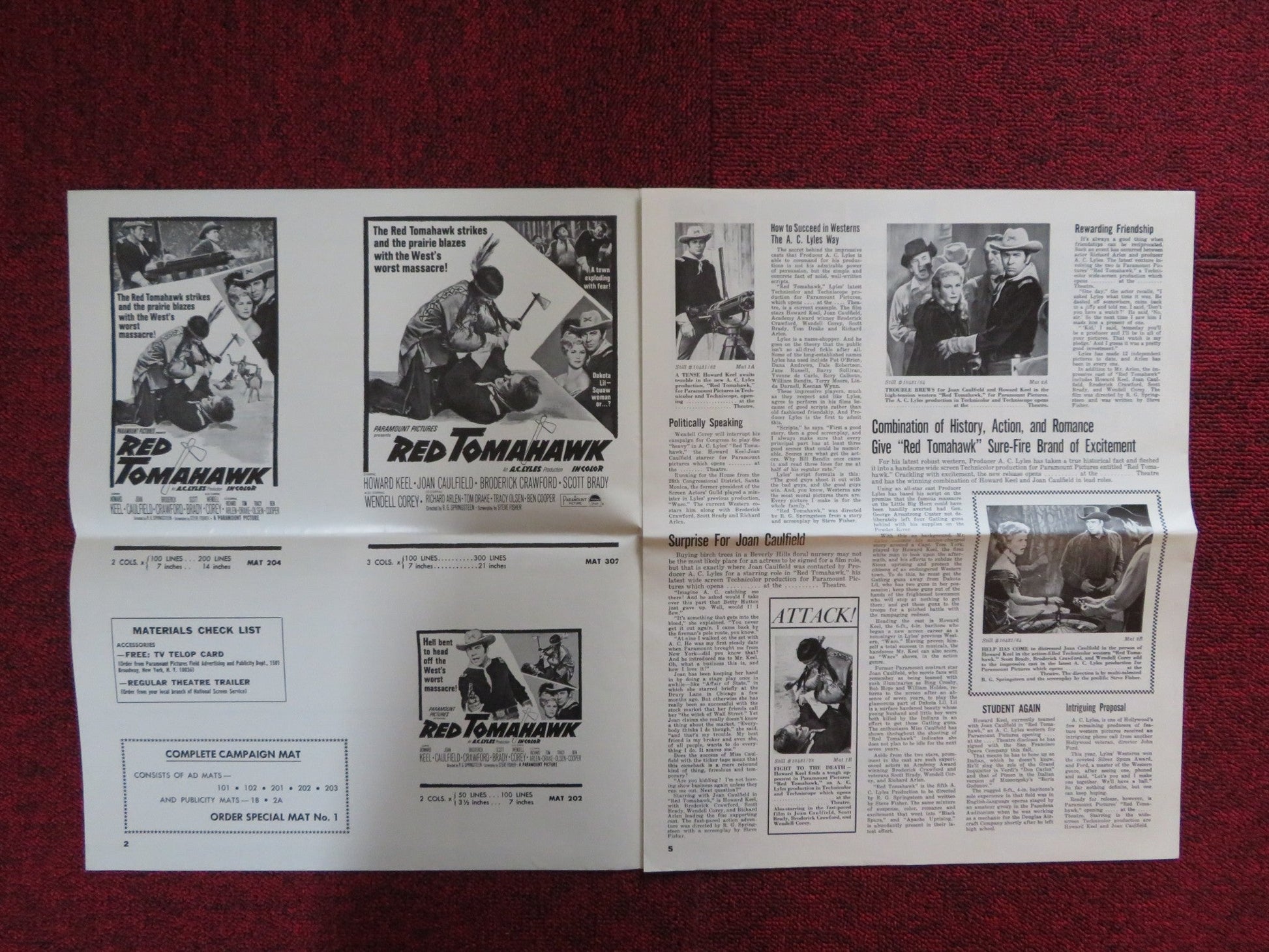 RED TOMAHAWK UNCUT PARAMOUNT FOLDED PRESS BOOK HOWARD KEEL JOAN CAULFIELD 1966 Rendezvous Cinema Movie posters