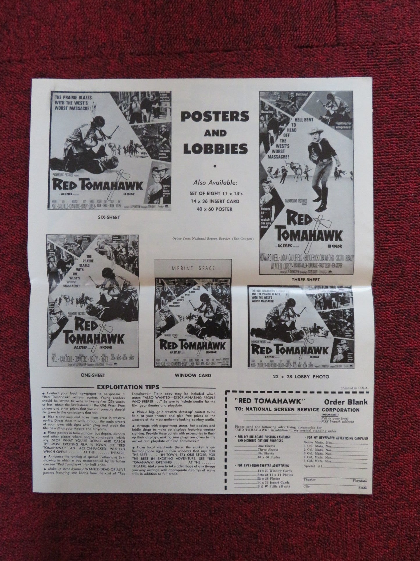 RED TOMAHAWK UNCUT PARAMOUNT FOLDED PRESS BOOK HOWARD KEEL JOAN CAULFIELD 1966 Rendezvous Cinema Movie posters