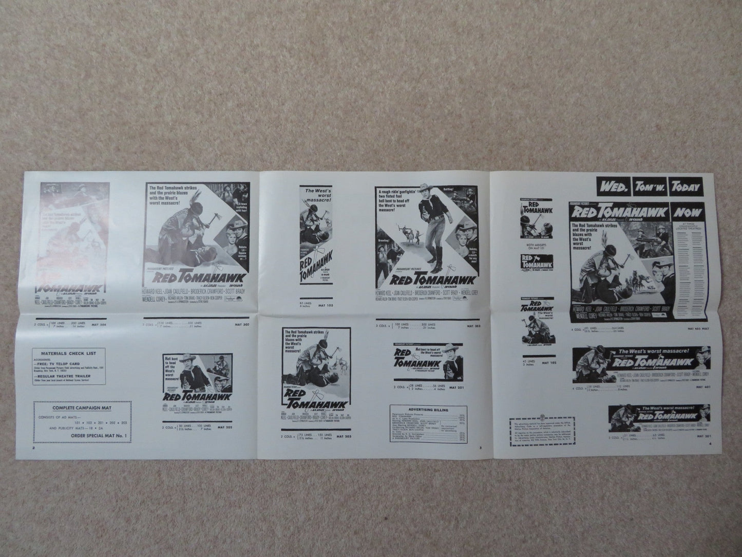 RED TOMAHAWK UNCUT PARAMOUNT FOLDED PRESS BOOK HOWARD KEEL JOAN CAULFIELD 1966 Rendezvous Cinema Movie posters