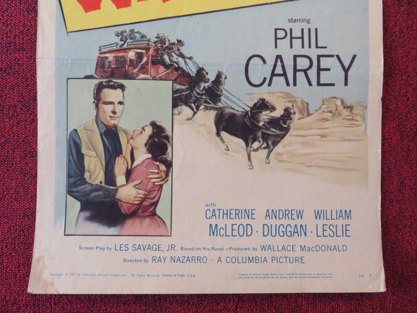RETURN TO WARBOW US INSERT (14"x 36") POSTER PHILIP CAREY 1957 Movie posters