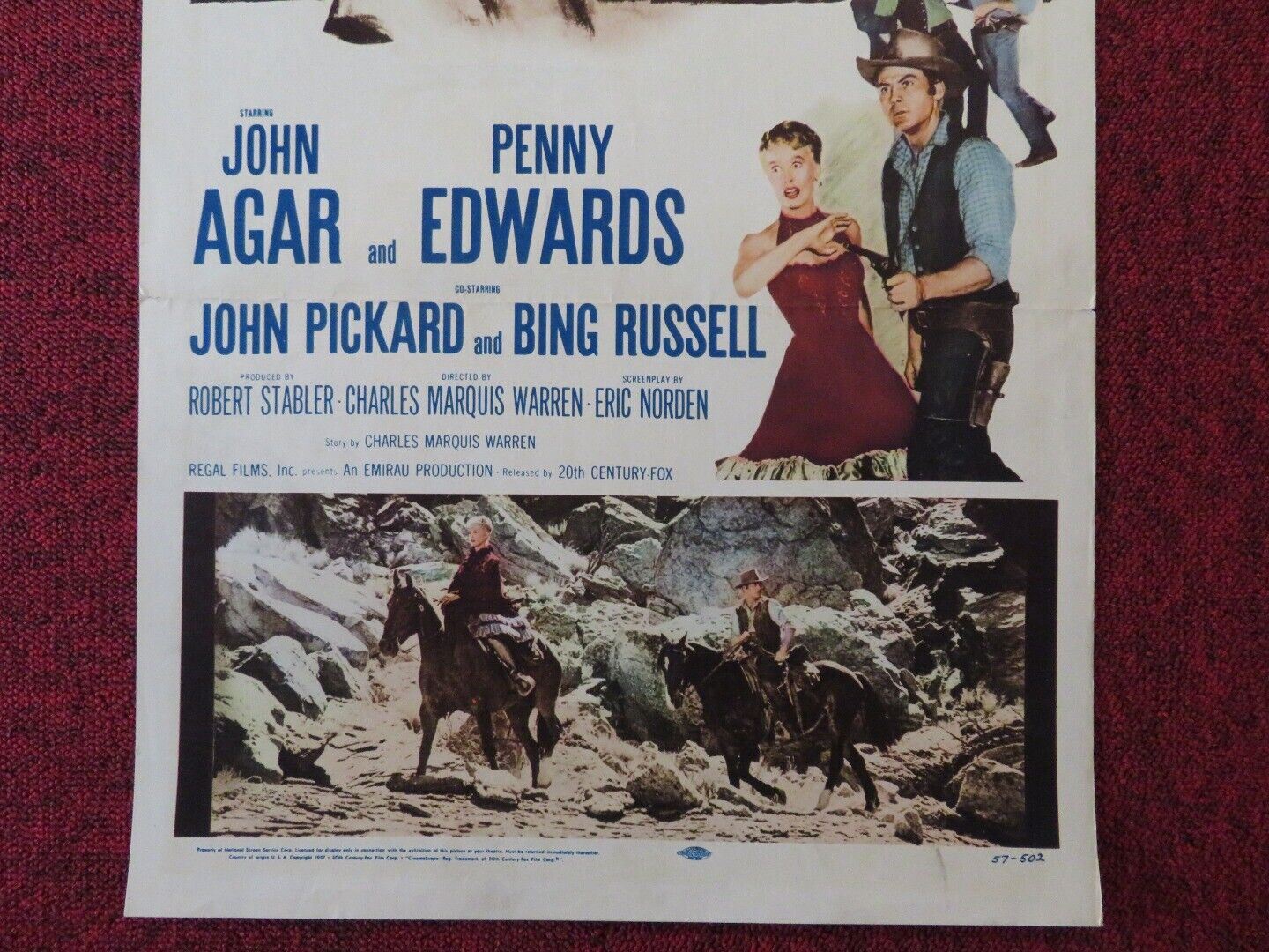 RIDE A VIOLENT MILE US INSERT (14"x 36") POSTER JOHN AGAR PENNY EDWARDS 1957 Movie posters