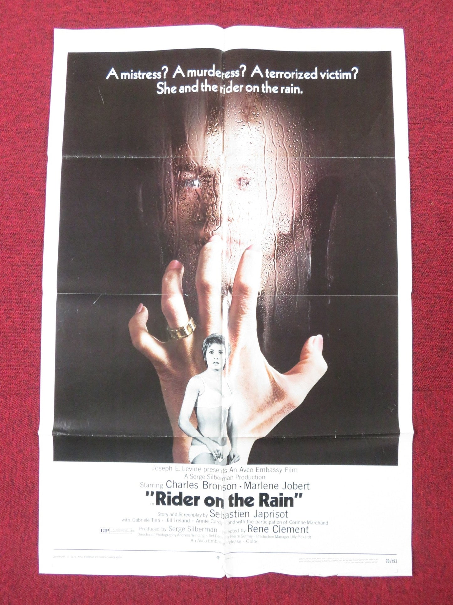 RIDER ON THE RAIN - B FOLDED US ONE SHEET POSTER CHARLES BRONSON M. JOBERT 1970 Rendezvous Cinema Movie posters