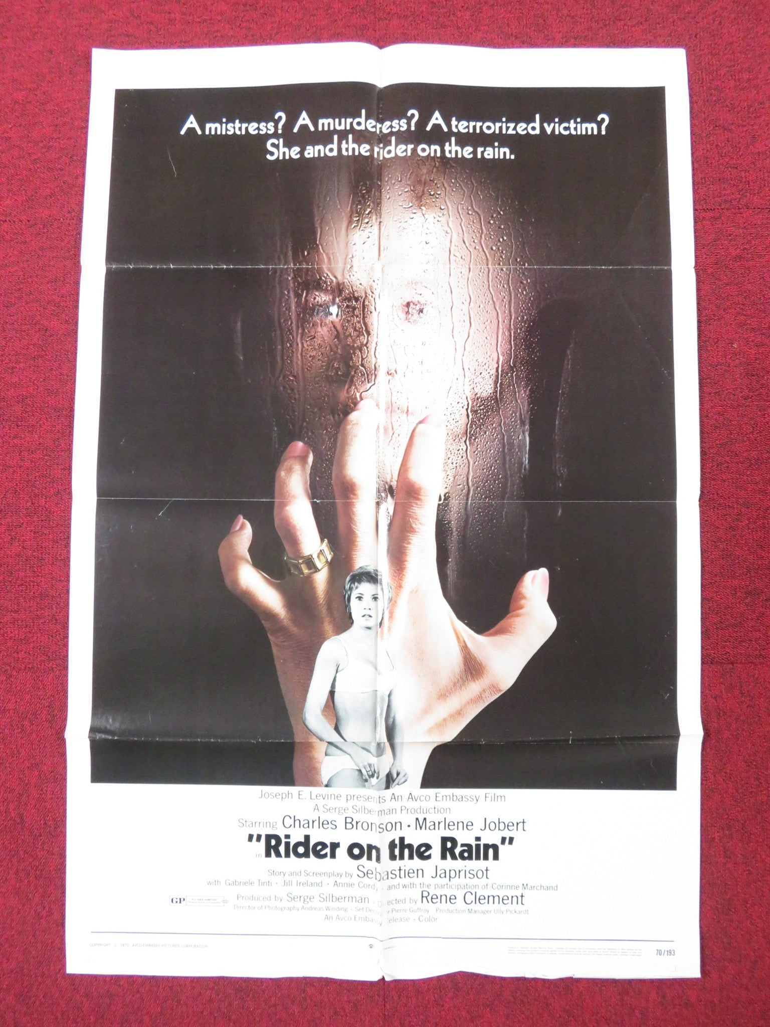 RIDER ON THE RAIN - B FOLDED US ONE SHEET POSTER CHARLES BRONSON M. JOBERT 1970 Rendezvous Cinema Movie posters