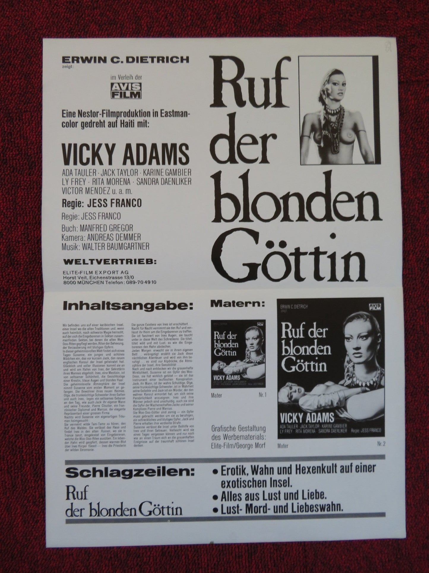 RUF DER BLONDEN GOTTIN / VOODOO PASSION GERMAN PRESS SHEET VICKY ADAMS 1977 Rendezvous Cinema Movie posters