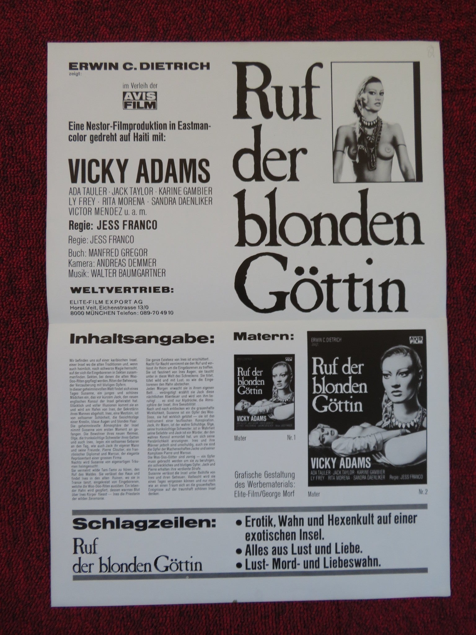 RUF DER BLONDEN GOTTIN / VOODOO PASSION GERMAN PRESS SHEET VICKY ADAMS 1977 Rendezvous Cinema Movie posters