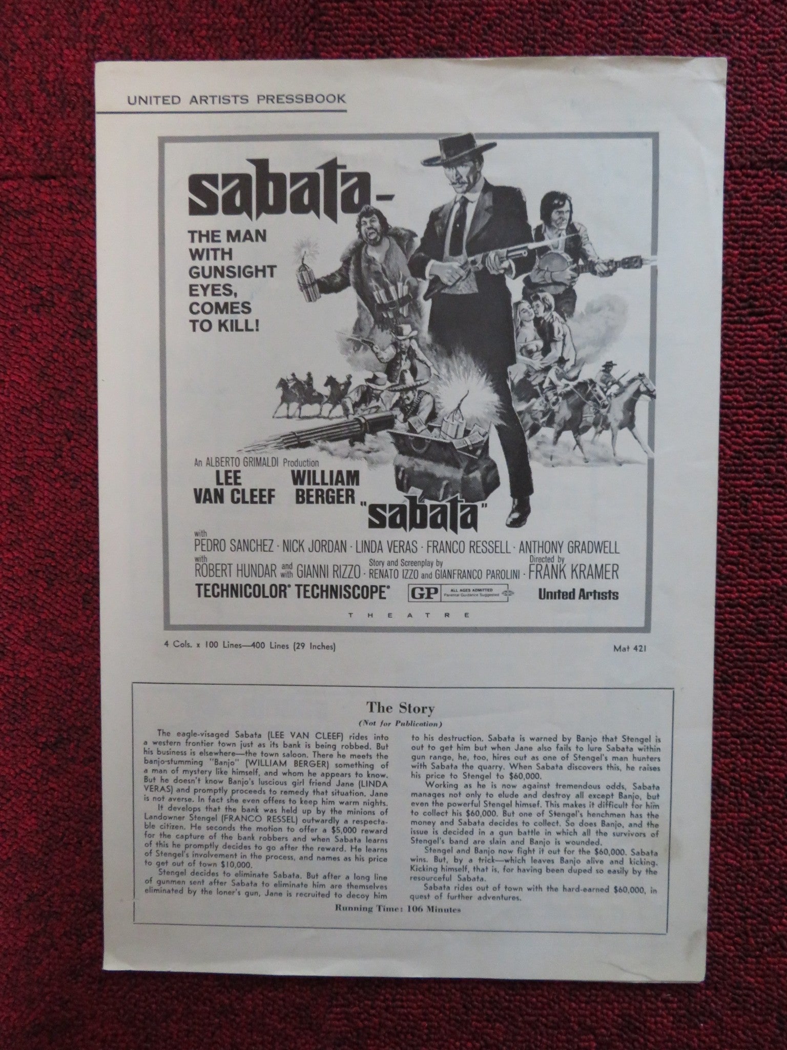 SABATA FOLDED PRESSBOOK CUT UNITED ARTISTS LEE VAN CLEEF WILLIAM BERGER 1969 Rendezvous Cinema Movie posters