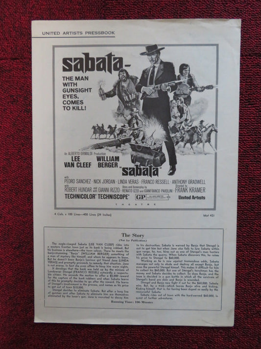 SABATA FOLDED PRESSBOOK CUT UNITED ARTISTS LEE VAN CLEEF WILLIAM BERGER 1969 Rendezvous Cinema Movie posters