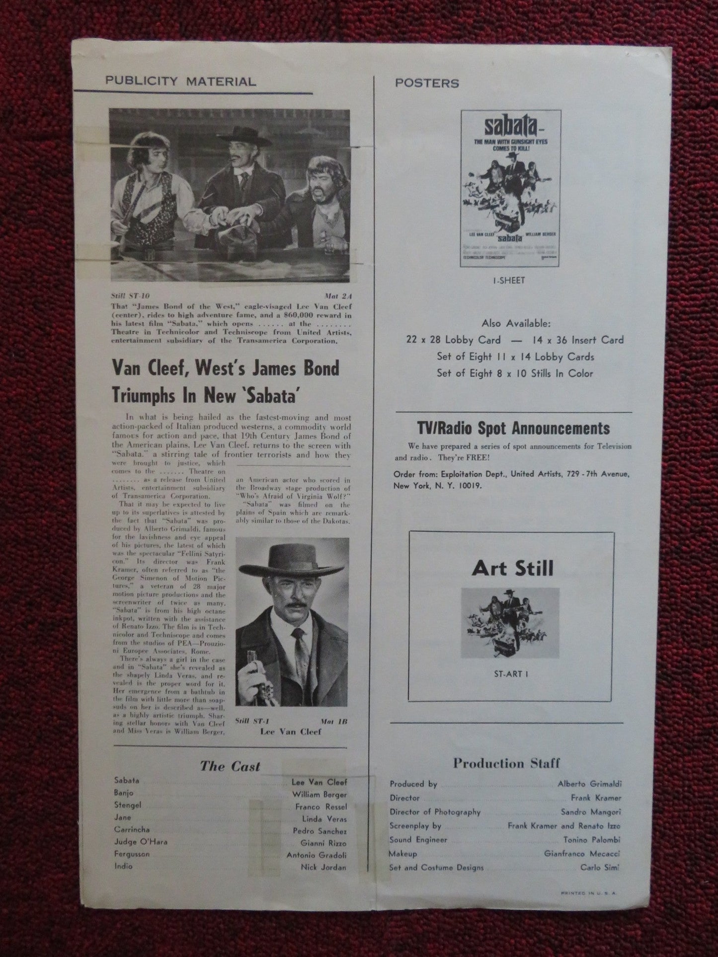 SABATA FOLDED PRESSBOOK CUT UNITED ARTISTS LEE VAN CLEEF WILLIAM BERGER 1969 Rendezvous Cinema Movie posters
