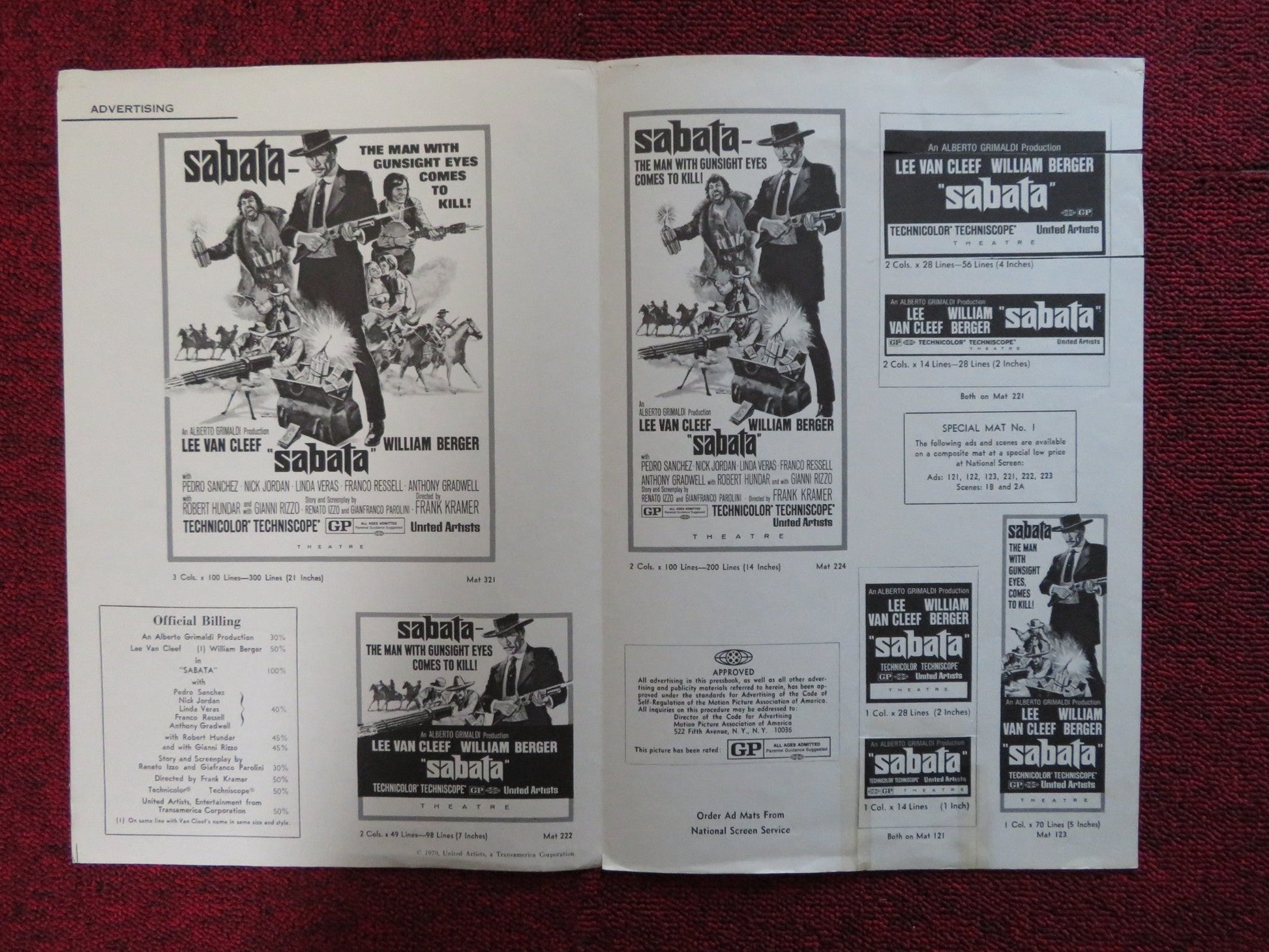 SABATA FOLDED PRESSBOOK CUT UNITED ARTISTS LEE VAN CLEEF WILLIAM BERGER 1969 Rendezvous Cinema Movie posters