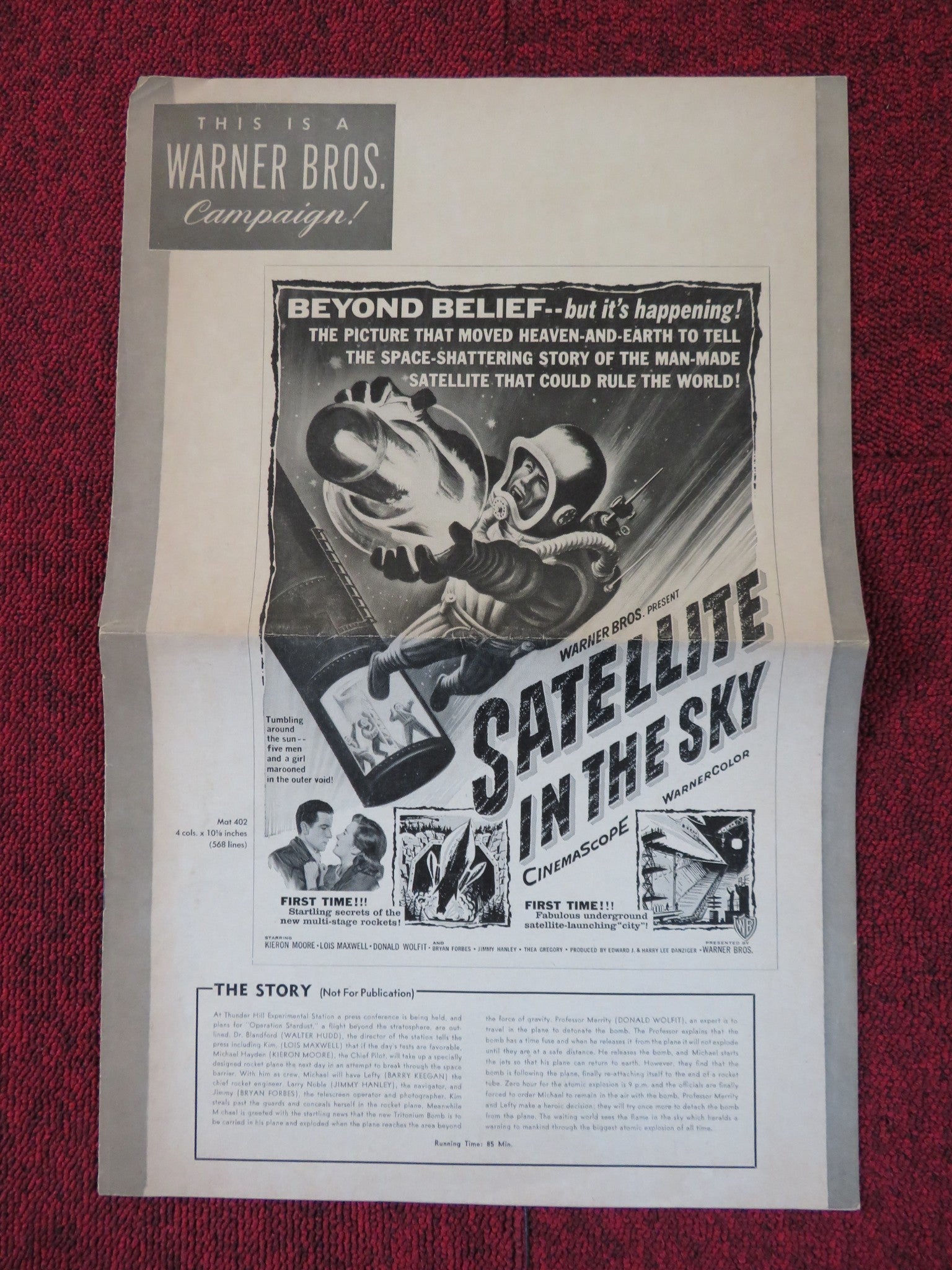 SATELLITE IN THE SKY FOLDED PRESS BOOK CUT WARNER BROS. KIERON MOORE 1956 Rendezvous Cinema Movie posters
