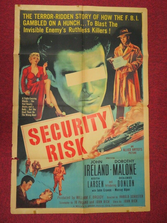 SECURITY RISK FOLDED US ONE SHEET POSTER JOHN IRELAND DOROTHY MALONE 1954 Movie posters
