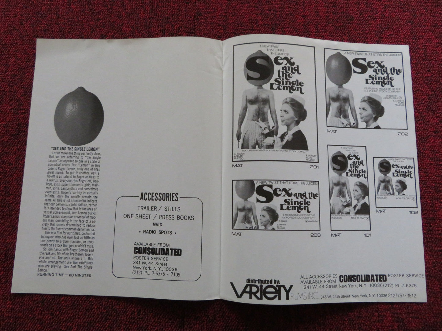 SEX AND THE SINGLE LEMON - UNCUT US PRESSBOOK 1969 Rendezvous Cinema Movie posters