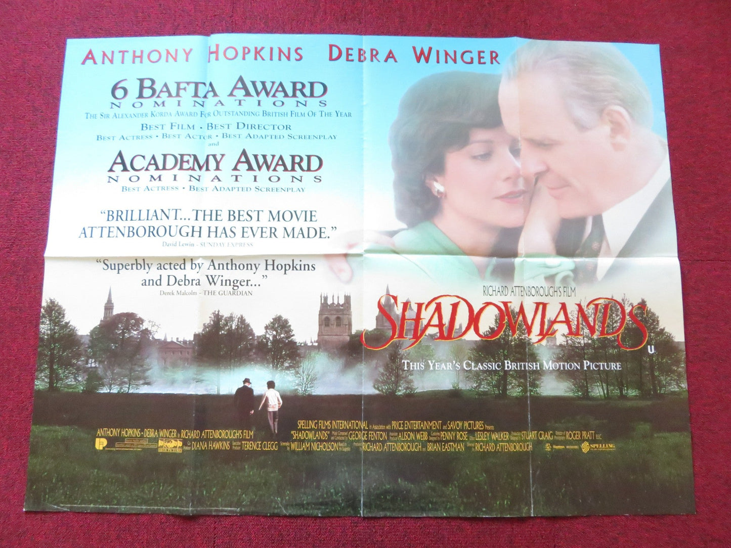 SHADOWLANDS QUAD POSTER FOLDED ANTHONY HOPKINS DEBRA WINGER 1993 Rendezvous Cinema Movie posters