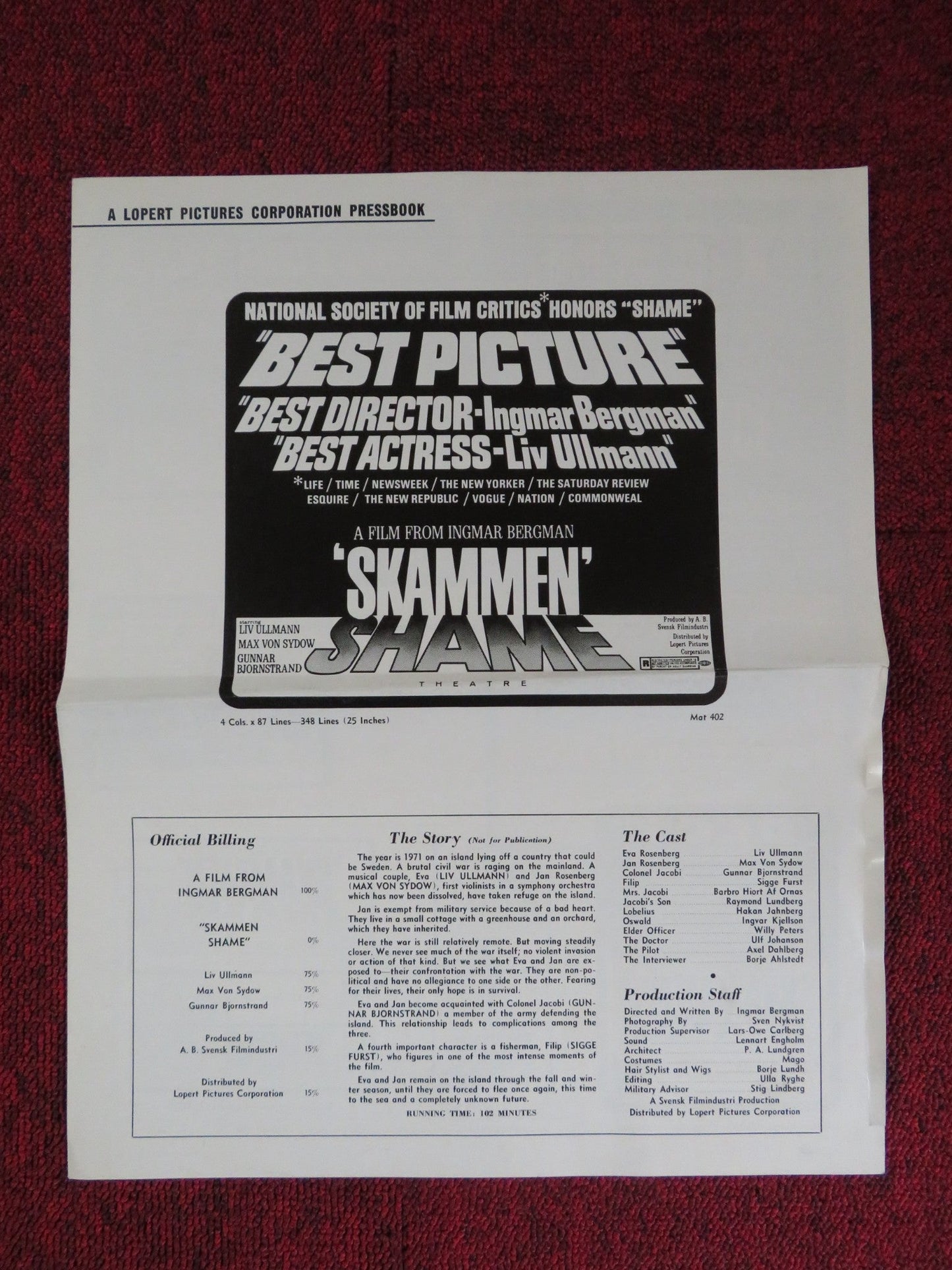 SHAME UNCUT LOPERT PICTURES FOLDED PRESS BOOK LIV ULLMAN MAX VON SYDOW 1969 Rendezvous Cinema Movie posters