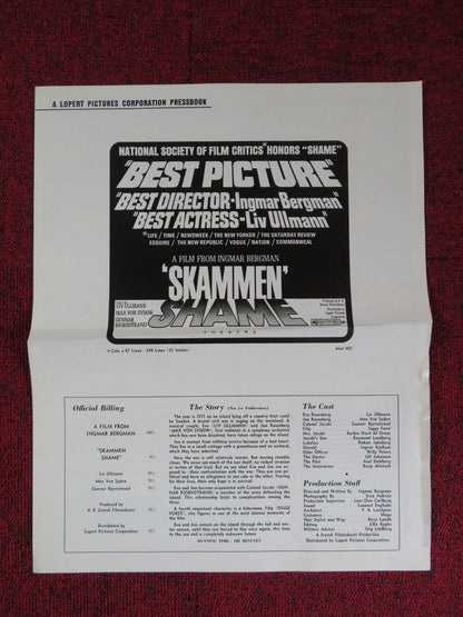 SHAME UNCUT LOPERT PICTURES FOLDED PRESS BOOK LIV ULLMAN MAX VON SYDOW 1969 Rendezvous Cinema Movie posters