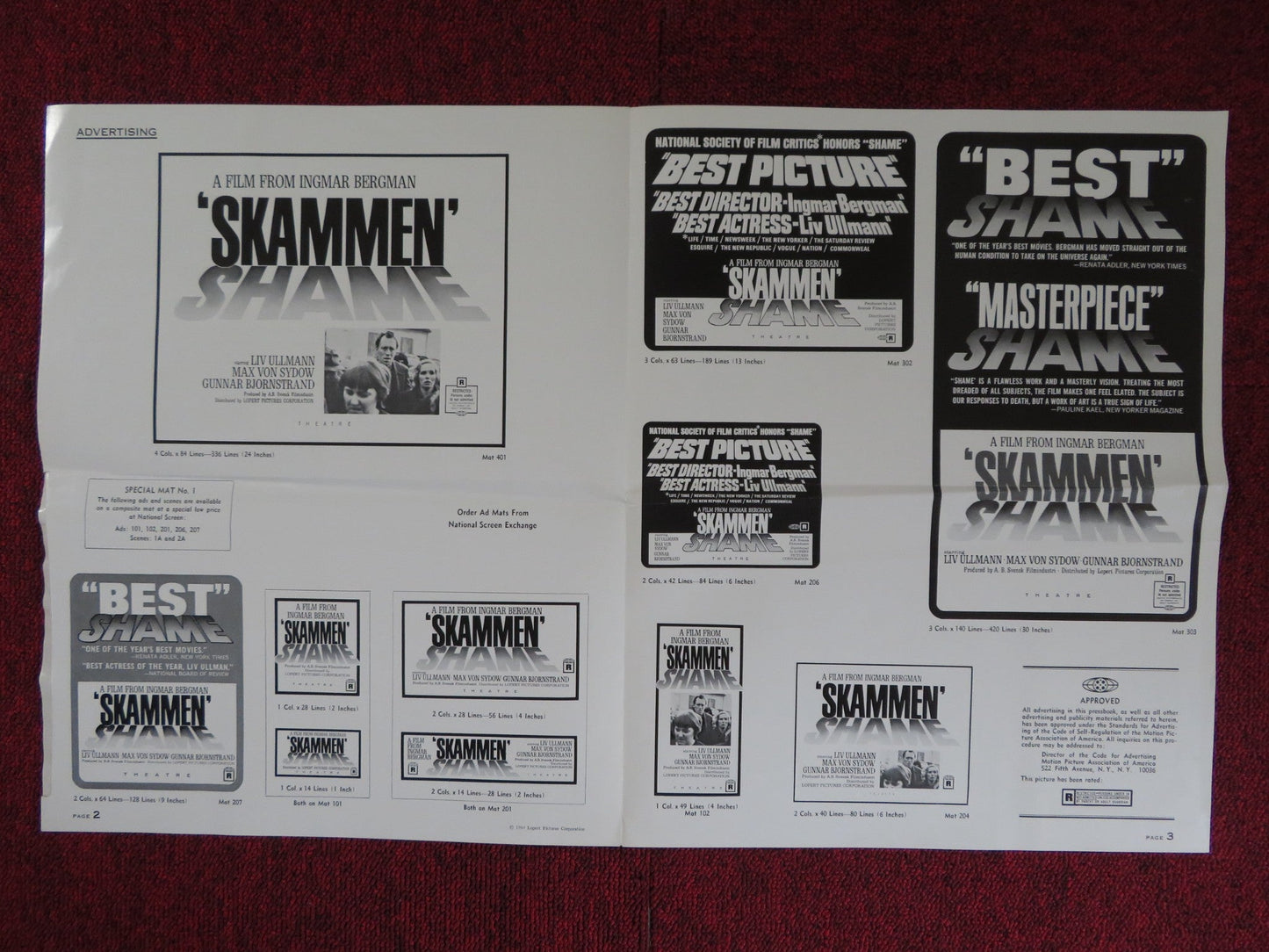 SHAME UNCUT LOPERT PICTURES FOLDED PRESS BOOK LIV ULLMAN MAX VON SYDOW 1969 Rendezvous Cinema Movie posters