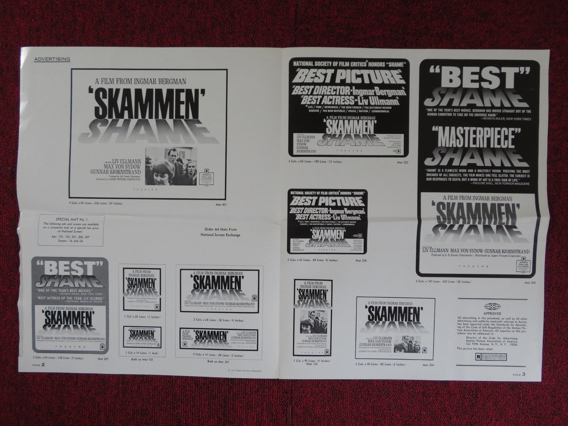 SHAME UNCUT LOPERT PICTURES FOLDED PRESS BOOK LIV ULLMAN MAX VON SYDOW 1969 Rendezvous Cinema Movie posters