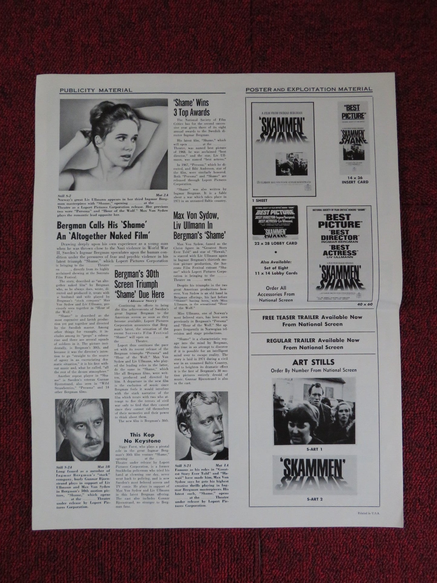 SHAME UNCUT LOPERT PICTURES FOLDED PRESS BOOK LIV ULLMAN MAX VON SYDOW 1969 Rendezvous Cinema Movie posters