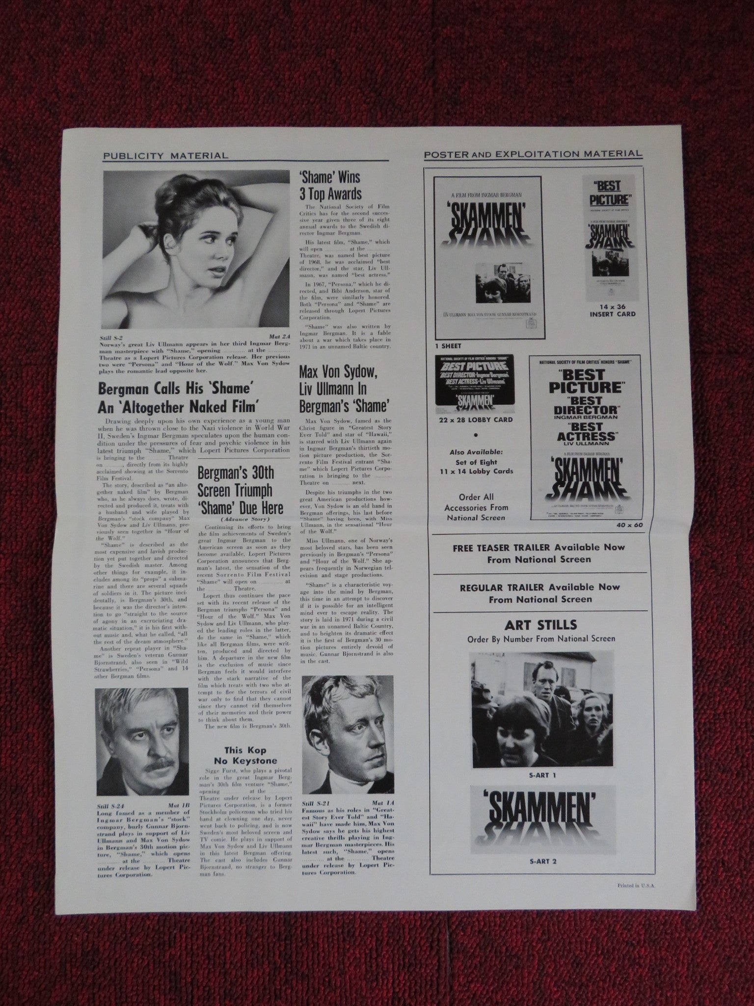 SHAME UNCUT LOPERT PICTURES FOLDED PRESS BOOK LIV ULLMAN MAX VON SYDOW 1969 Rendezvous Cinema Movie posters