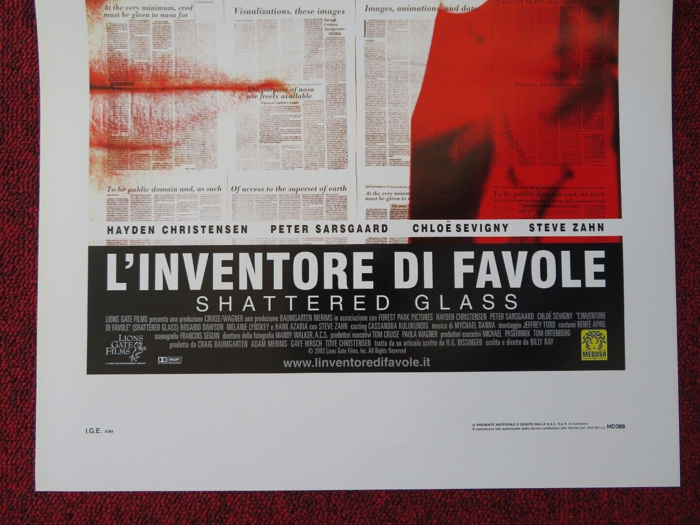 SHATTERED GLASS ITALIAN LOCANDINA (27.5"x13") POSTER HAYDEN CHRISTENSEN 2003 Movie posters