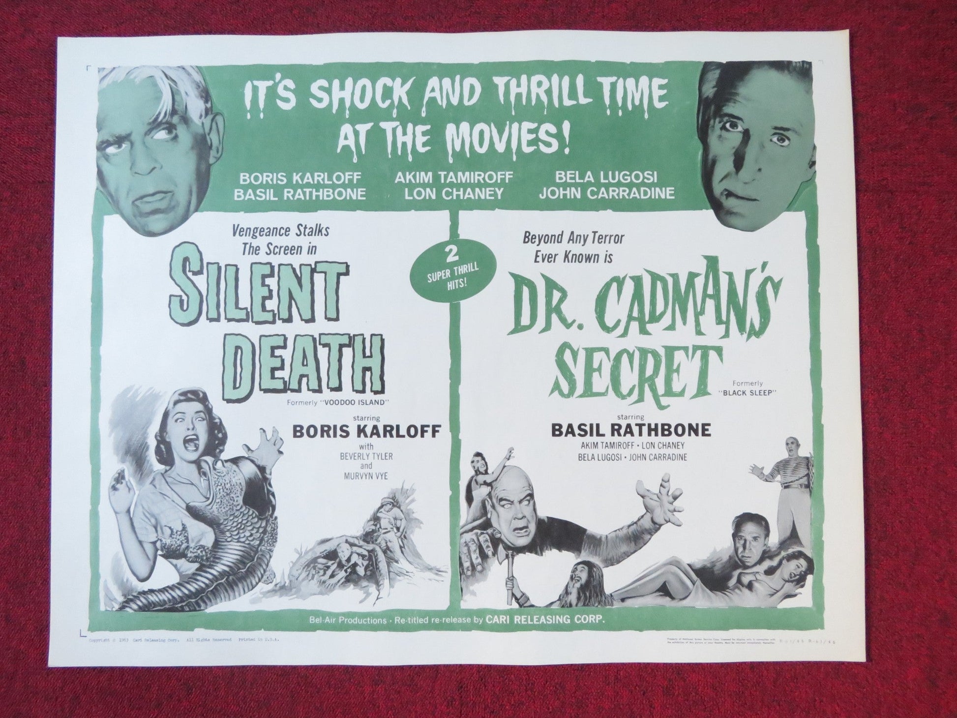 SILENT DEATH DR. CADMAN'S SECRET COMBO HALF SHEET (22"x 28") POSTER KARLOFF 1963 Rendezvous Cinema Movie posters