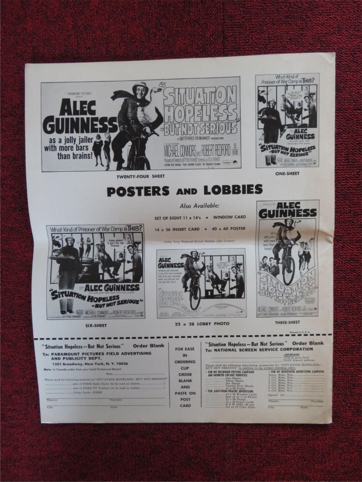 SITUATION HOPELESS - BUT NOT SERIOUS UNCUT PARAMOUNT FOLDED PRESS BOOK 1965 Rendezvous Cinema Movie posters