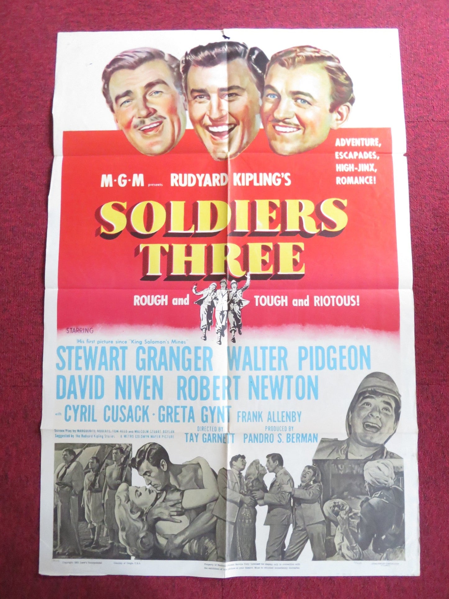 SOLDIERS THREE FOLDED US ONE SHEET POSTER STEWART GRANGER WALTER PIDGEON 1951 Rendezvous Cinema Movie posters