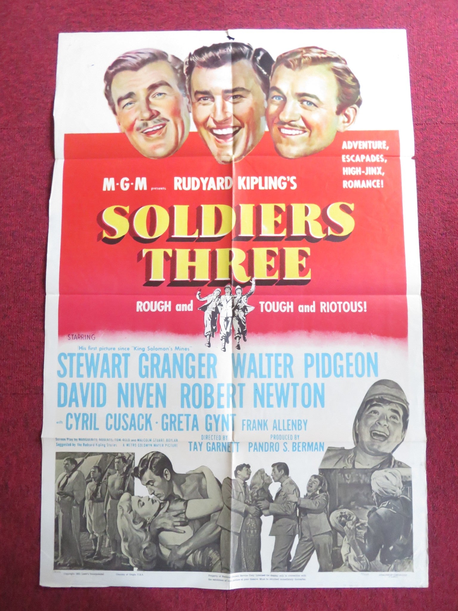 SOLDIERS THREE FOLDED US ONE SHEET POSTER STEWART GRANGER WALTER PIDGEON 1951 Rendezvous Cinema Movie posters