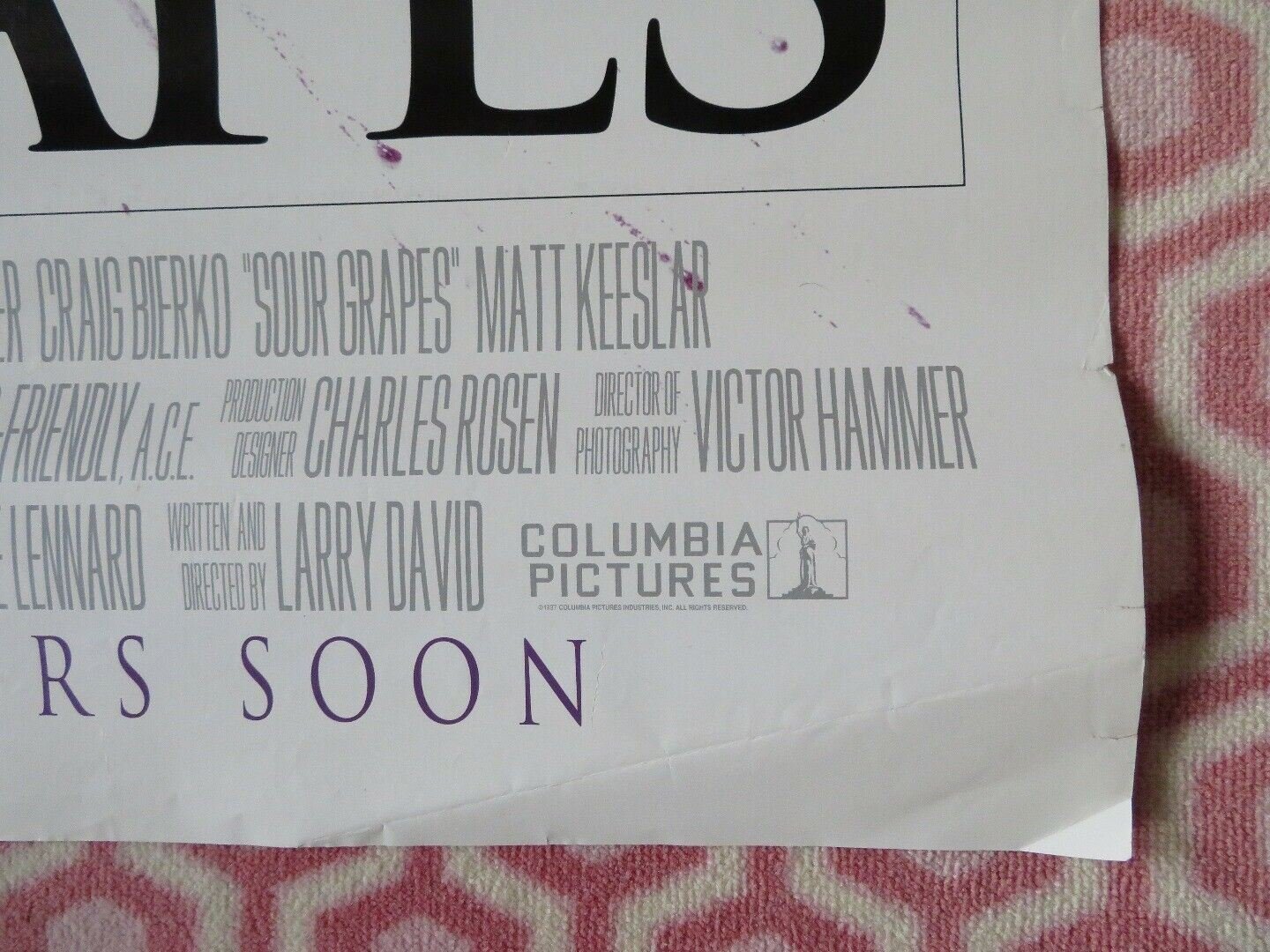 SOUR GRAPES US ONE SHEET ROLLED POSTER LARRY DAVID JACK BURNS 1998 - Rendezvous Cinema