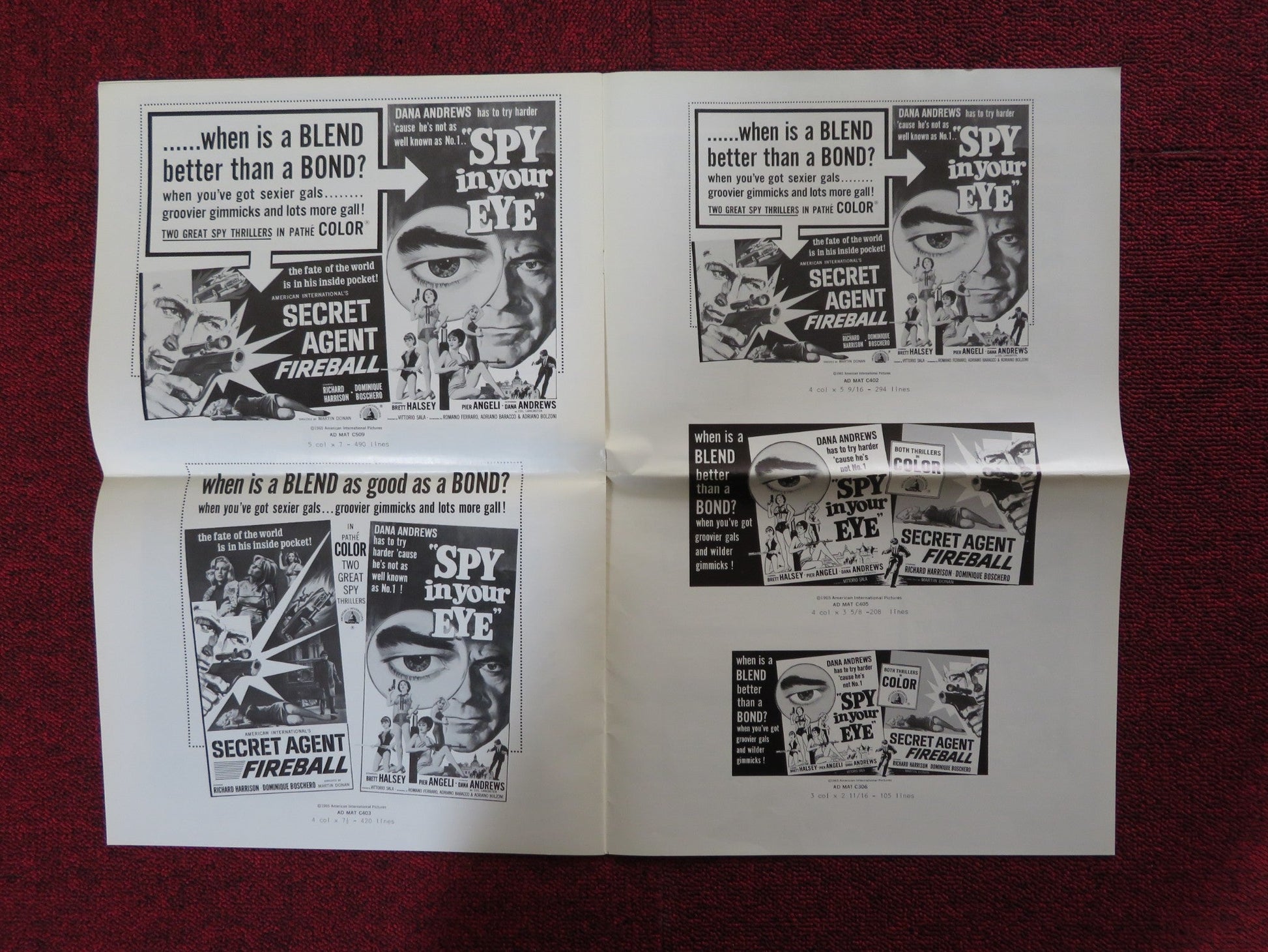 SPY IN YOUR EYE / SECRET AGENT FIREBALL - PRESSBOOK UNCUT AMERICAN INT. 1965 Rendezvous Cinema Movie posters