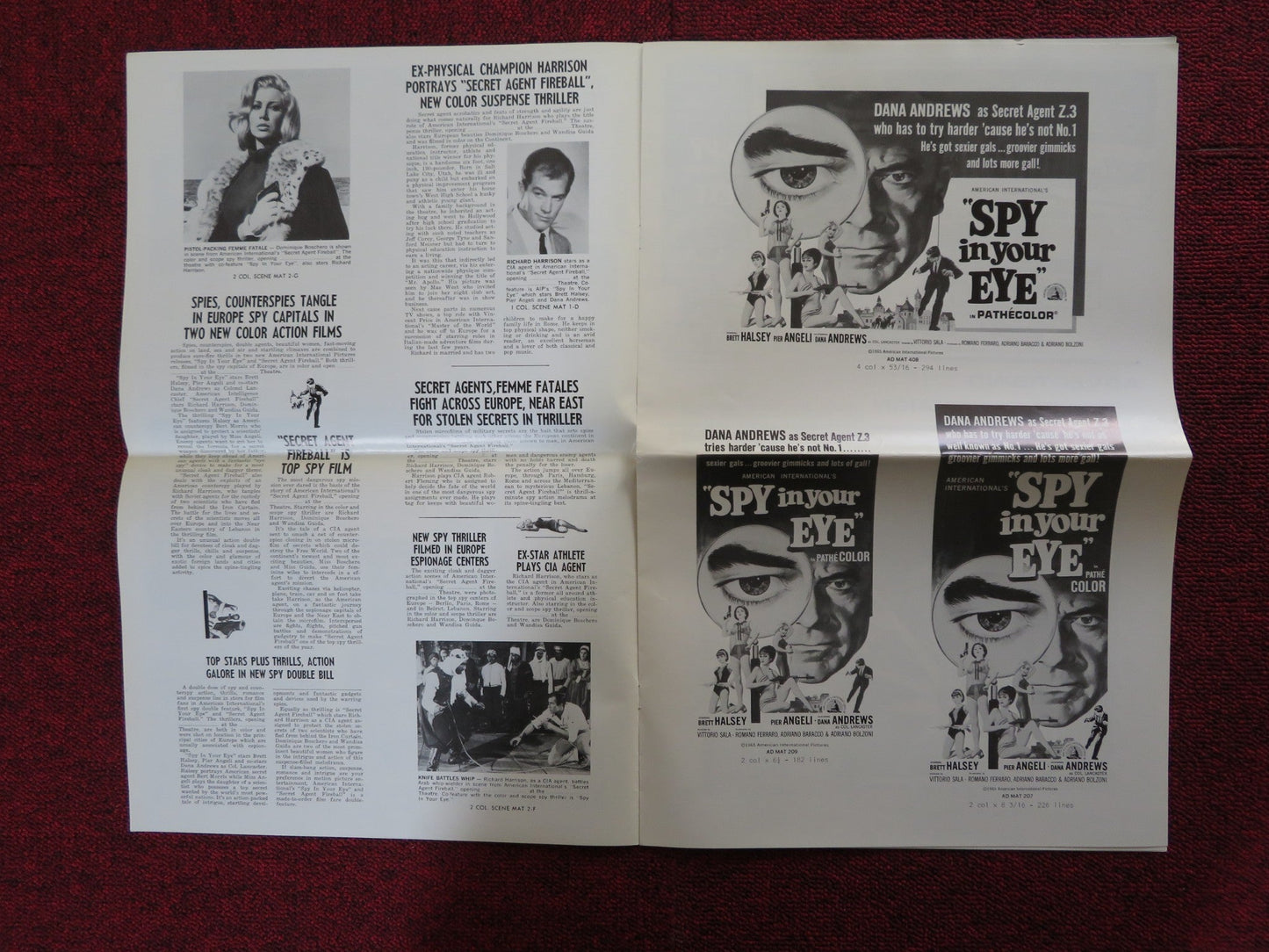 SPY IN YOUR EYE / SECRET AGENT FIREBALL - PRESSBOOK UNCUT AMERICAN INT. 1965 Rendezvous Cinema Movie posters