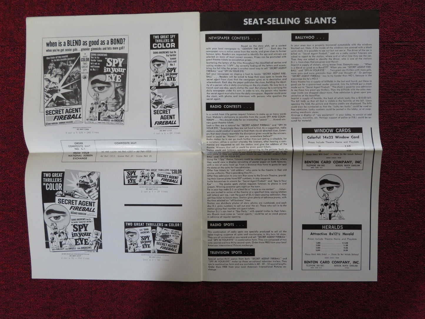 SPY IN YOUR EYE / SECRET AGENT FIREBALL - PRESSBOOK UNCUT AMERICAN INT. 1965 Rendezvous Cinema Movie posters