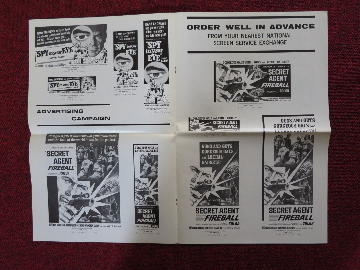 SPY IN YOUR EYE / SECRET AGENT FIREBALL - PRESSBOOK UNCUT AMERICAN INT. 1965 Rendezvous Cinema Movie posters