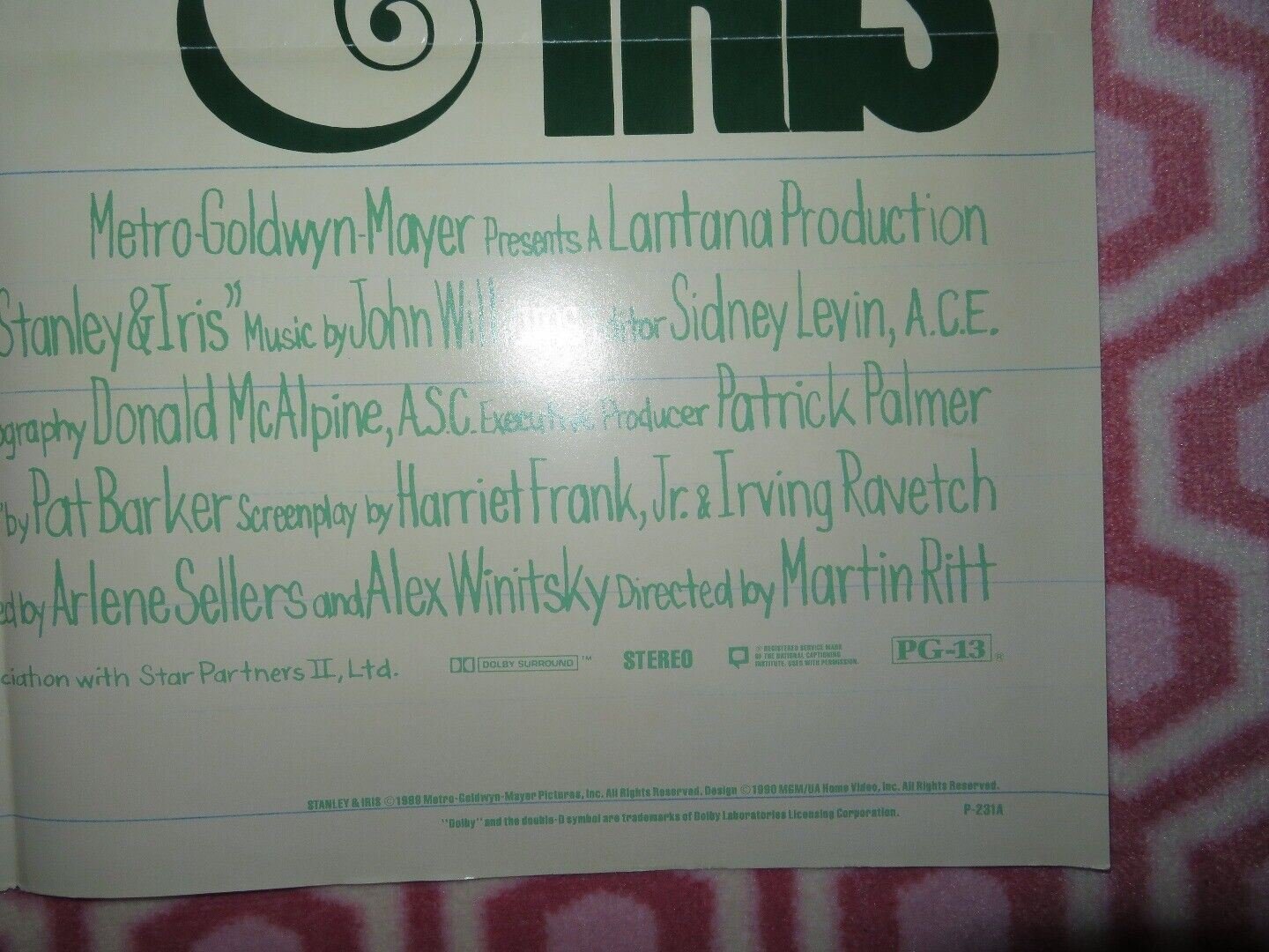 STANLEY & IRIS VIDEO VHS POSTER FOLDED JANE FONDA ROBERT DE NIRO 1988 Movie posters