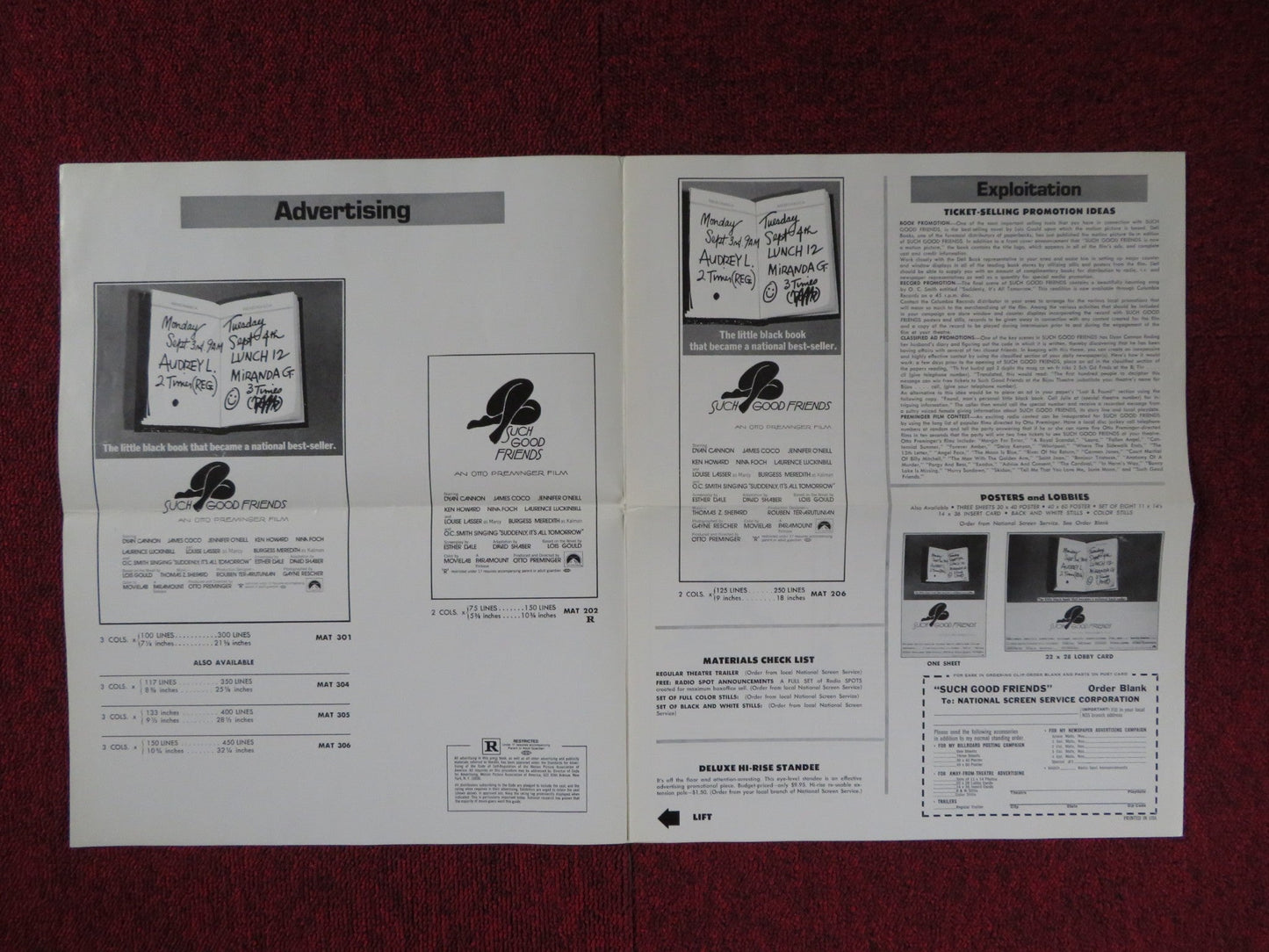 SUCH GOOD FRIENDS UNCUT PARAMOUNT FOLDED PRESS BOOK DYAN CANNON JAMES COCO 1971 Rendezvous Cinema Movie posters