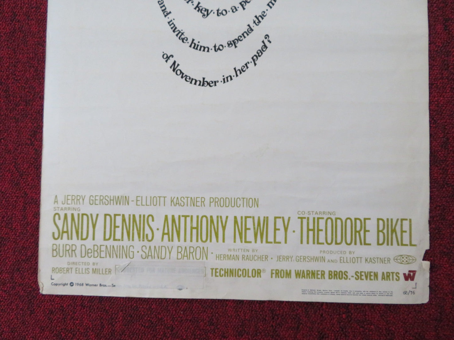 SWEET NOVEMBER US INSERT (14"x 36") POSTER SANDY DENNIS ANTHONY NEWLEY 1968 Rendezvous Cinema Movie posters