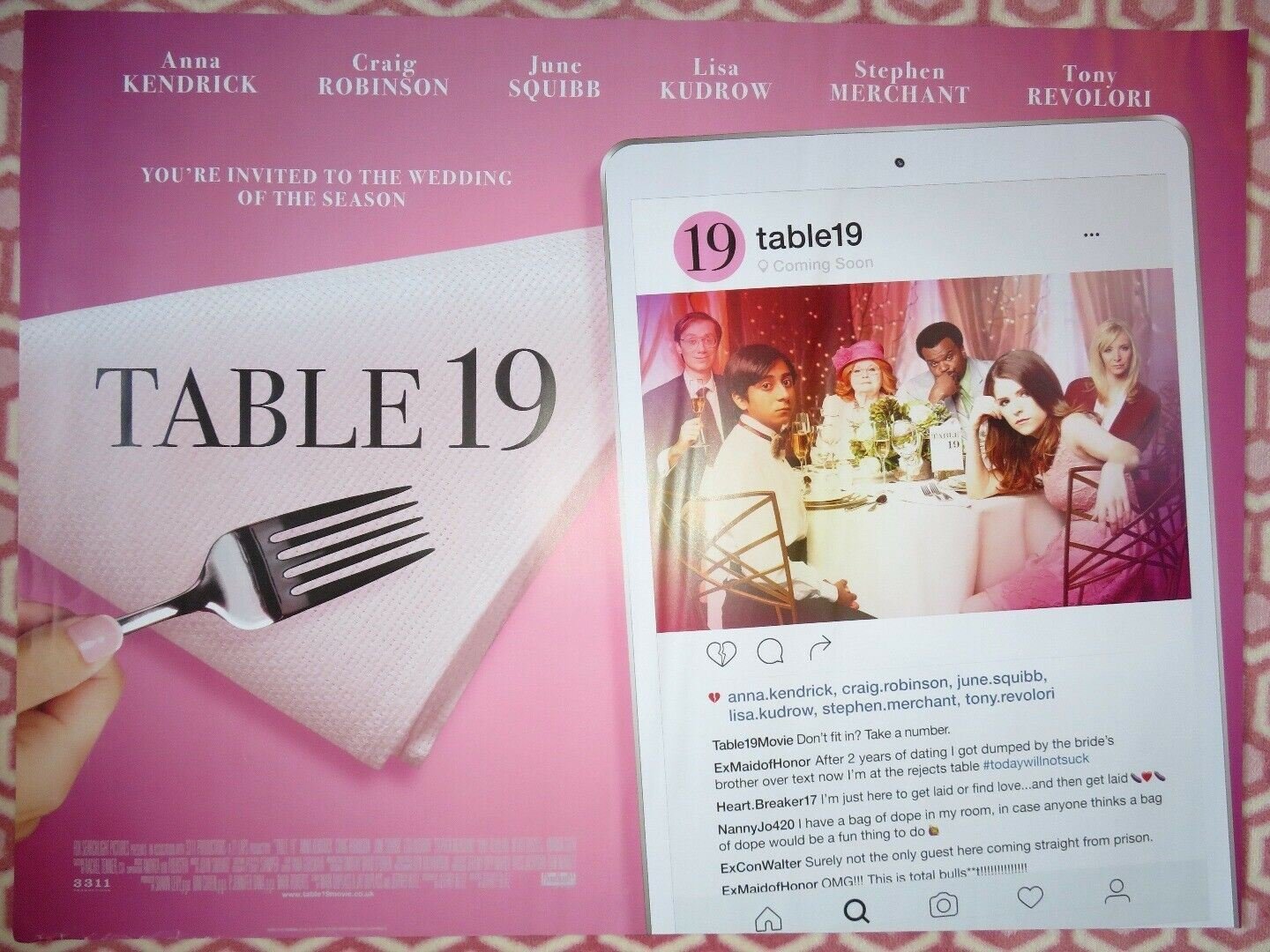 TABLE 19 BRITISH QUAD (30"x 40") ROLLED POSTER ANNA KENDRICK LISA KUDROW 2017 Rendezvous Cinema Movie posters