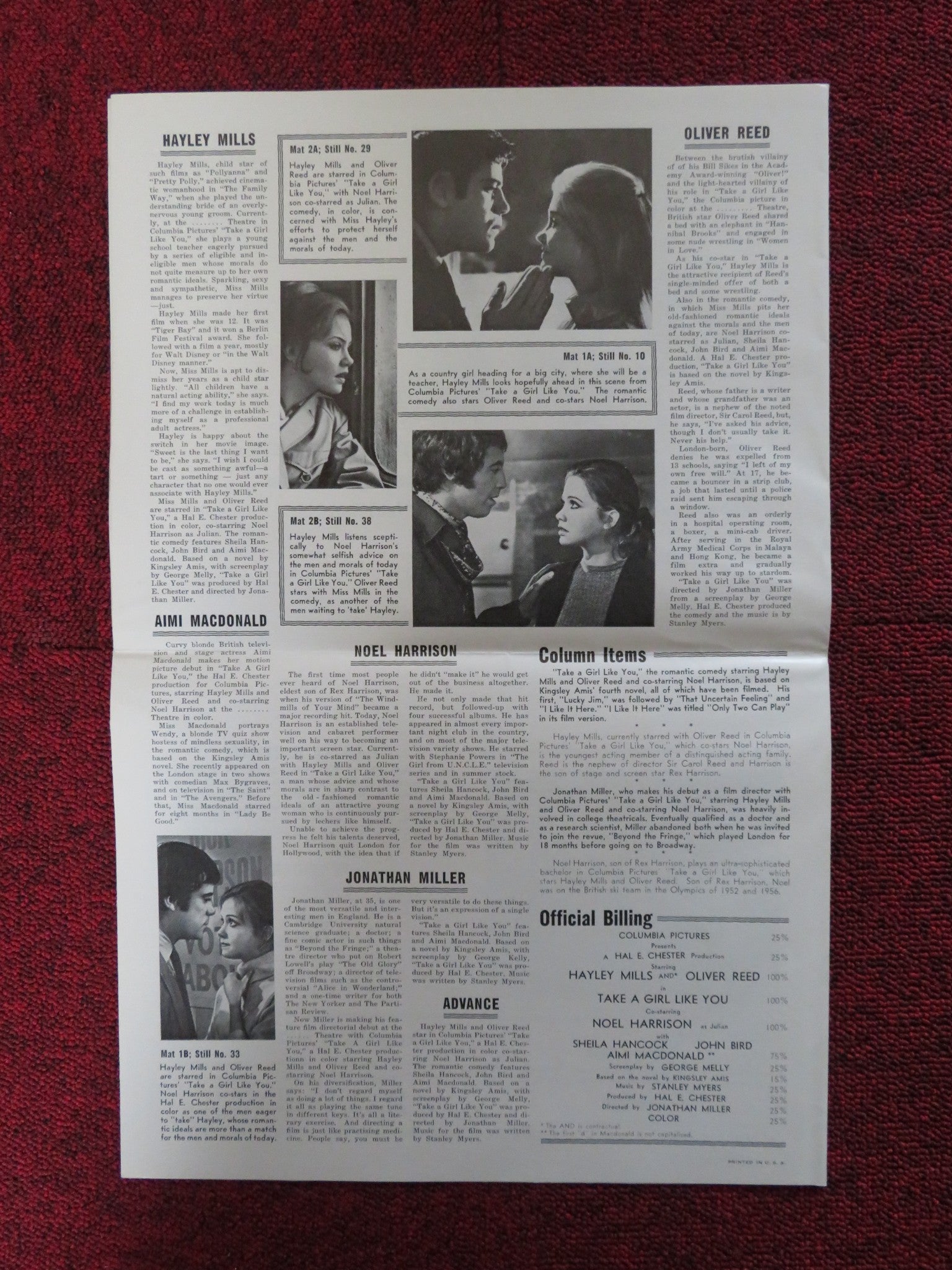 TAKE A GIRL LIKE YOU - PRESSBOOK UNCUT COLUMBIA PICTURES MILLS OLIVER REED 1970 Rendezvous Cinema Movie posters
