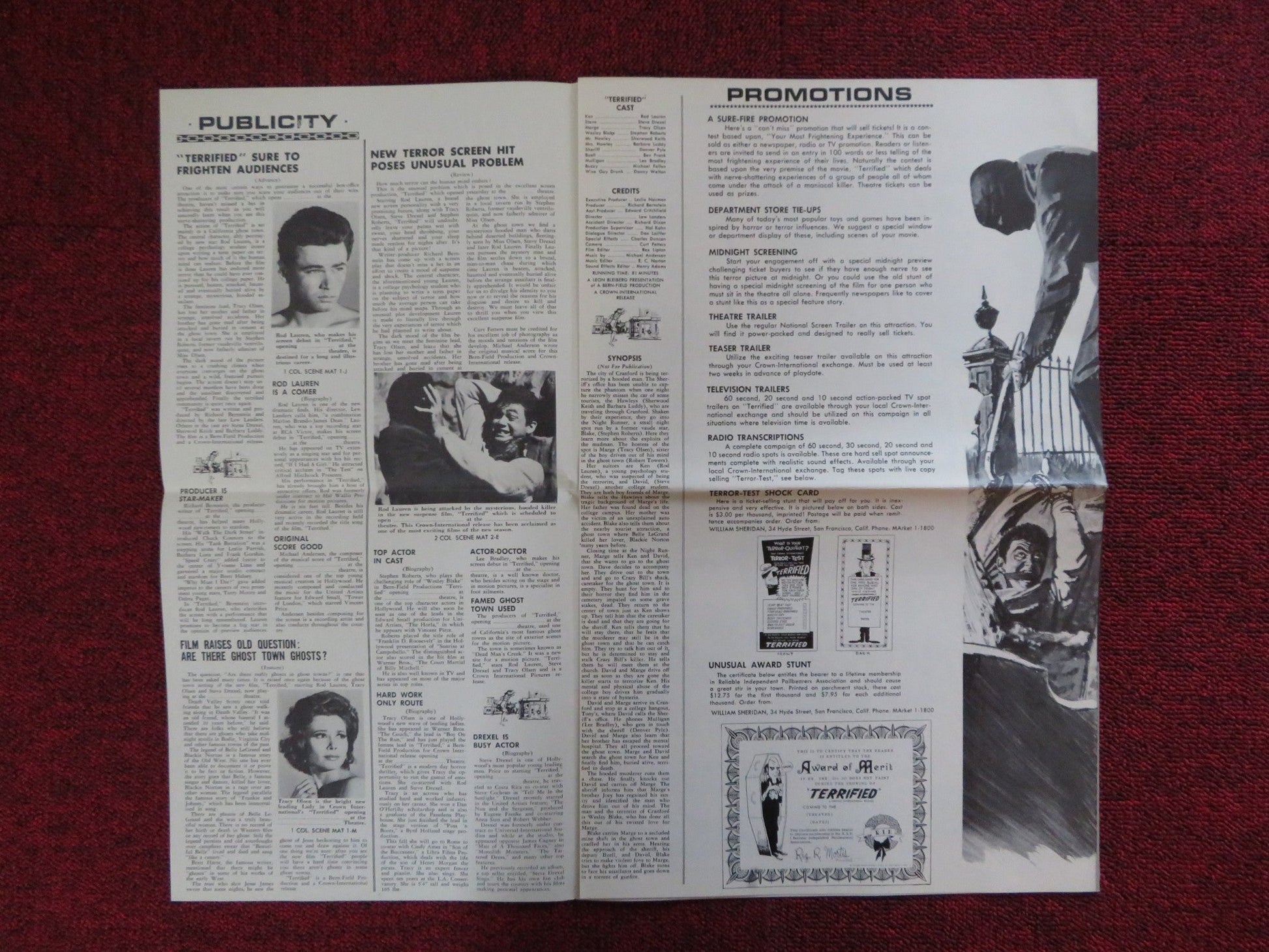 TERRIFIED! UNCUT CROWN INTERNATIONAL FOLDED PRESS BOOK LAUREN DREXEL 1963 Rendezvous Cinema Movie posters