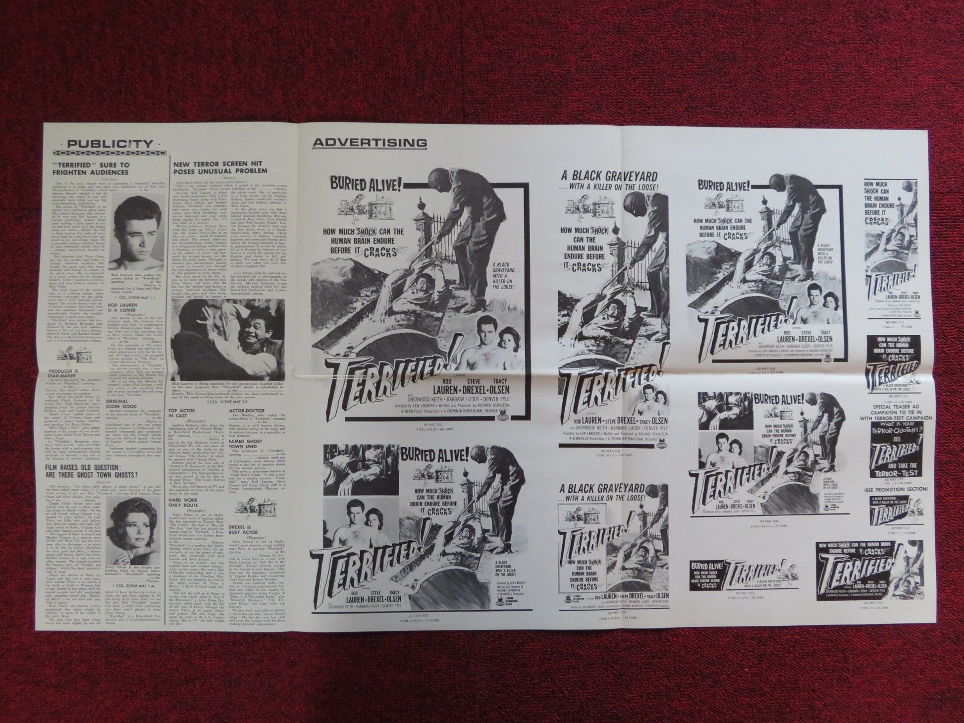 TERRIFIED! UNCUT CROWN INTERNATIONAL FOLDED PRESS BOOK LAUREN DREXEL 1963 Rendezvous Cinema Movie posters