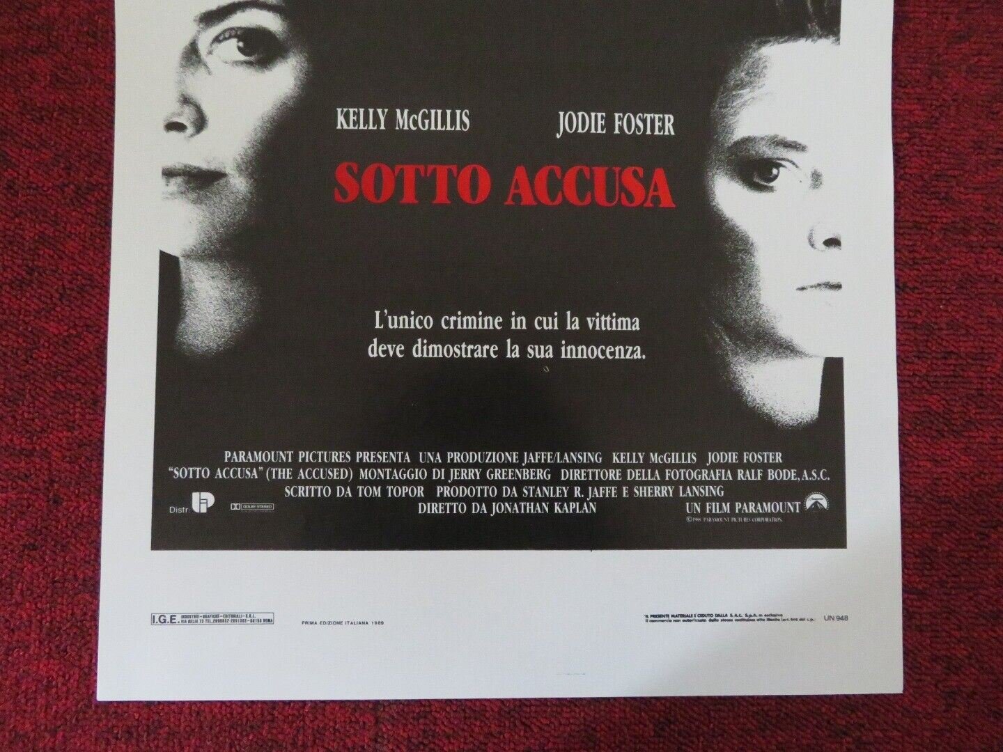 THE ACCUSED ITALIAN LOCANDINA (27.5"x13") POSTER JODIE FOSTER KELLY MCGILLIS '88 Movie posters