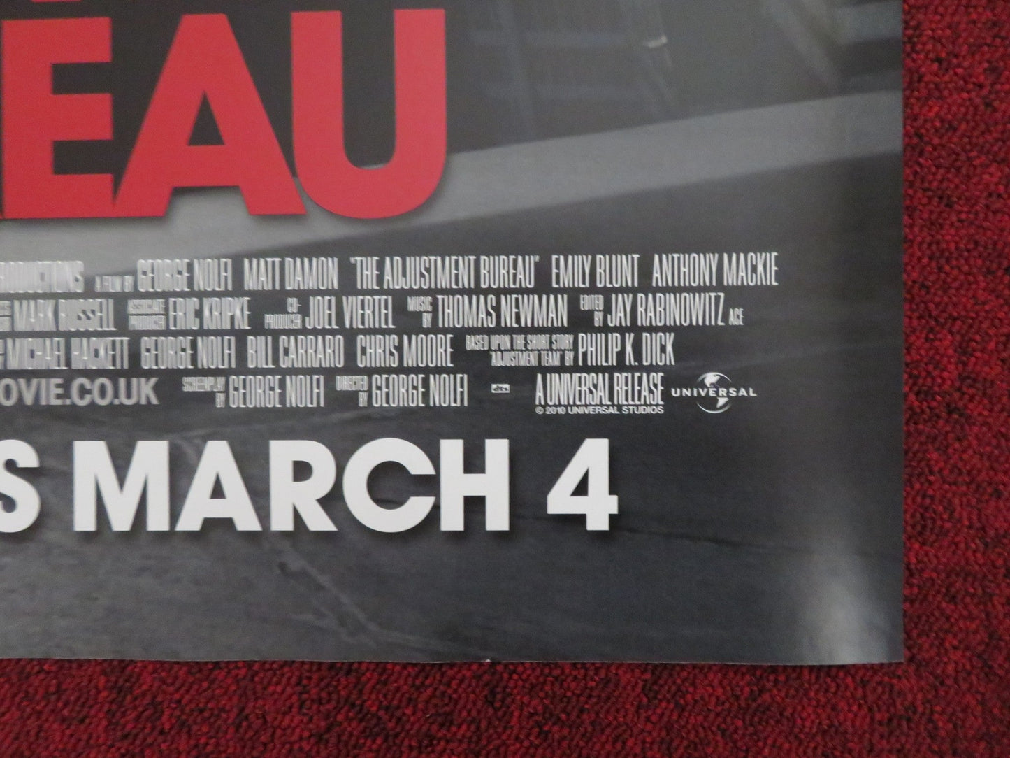 THE ADJUSTMENT BUREAU UK QUAD (30"x 40") ROLLED POSTER MATT DAMON E. BLUNT 2011 Rendezvous Cinema Movie posters