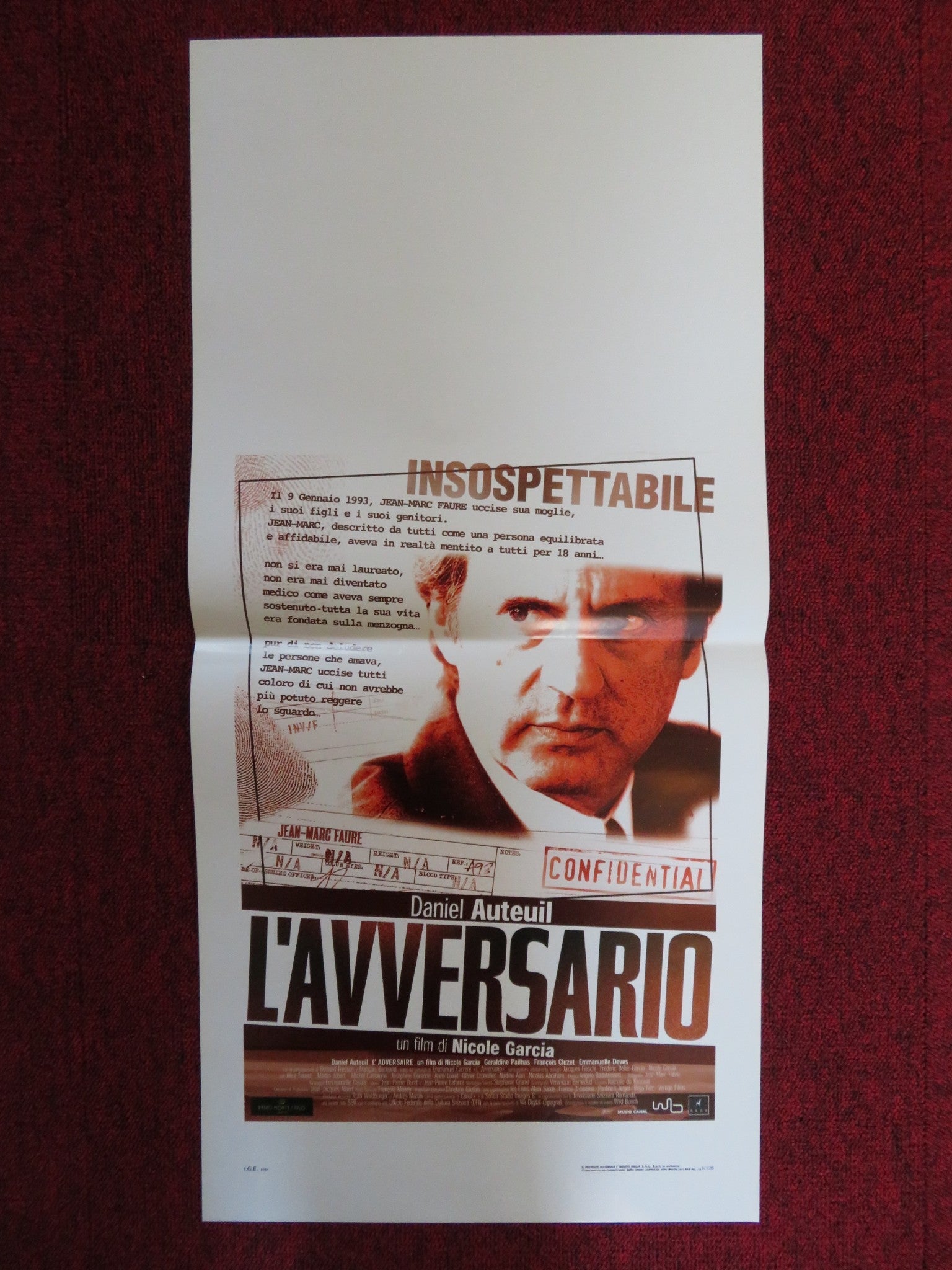 THE ADVERSARY ITALIAN LOCANDINA POSTER DANIEL AUTEUIL GERALDINE PAILHAS 2002 Rendezvous Cinema Movie posters