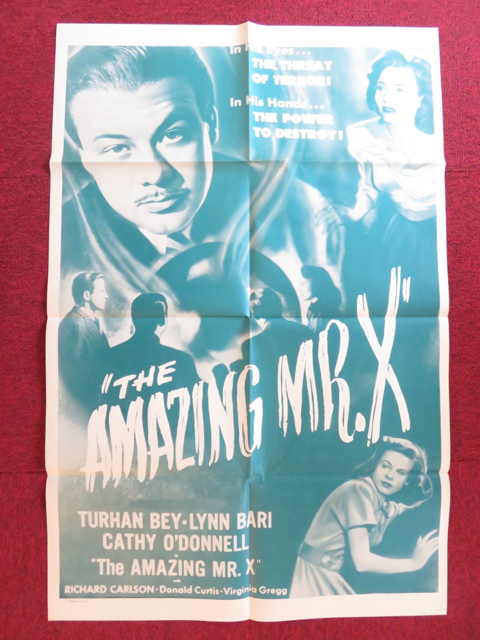 THE AMAZING MR. X FOLDED US ONE SHEET POSTER TURHAN BEY LYNN BARI 1948 Rendezvous Cinema Movie posters