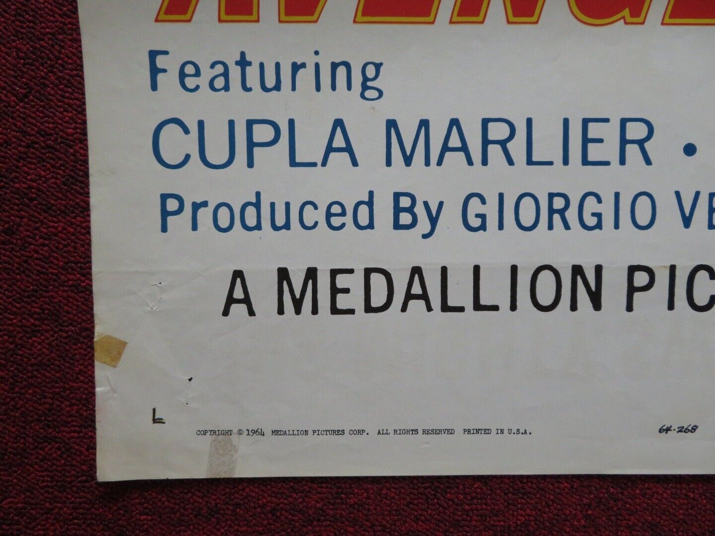 THE AVENGER FOLDED US ONE SHEET POSTER STEVE REEVES CUPLA MARLIER 1964 - Rendezvous Cinema